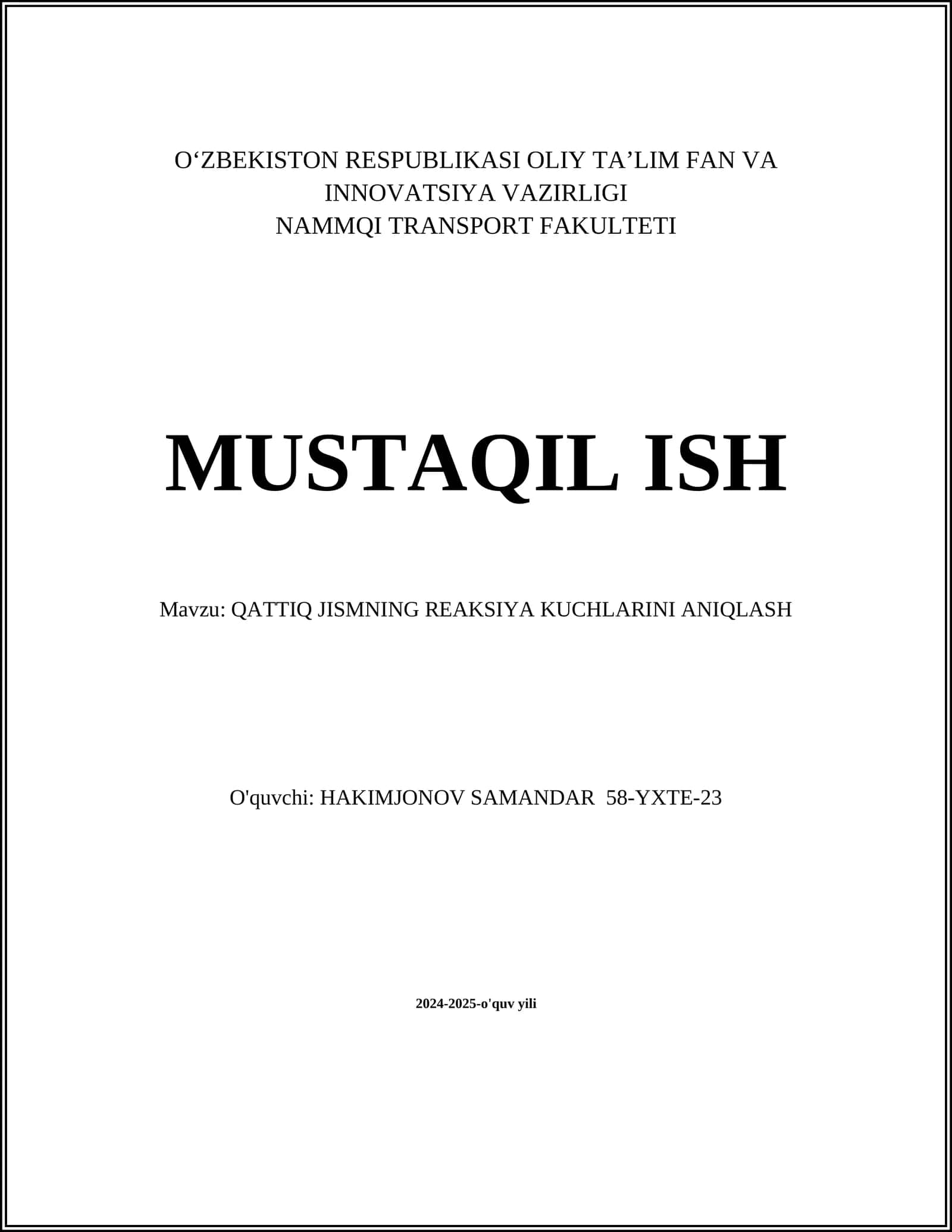 QATTIQ JISMNING REAKSIYA KUCHLARINI ANIQLASH 1