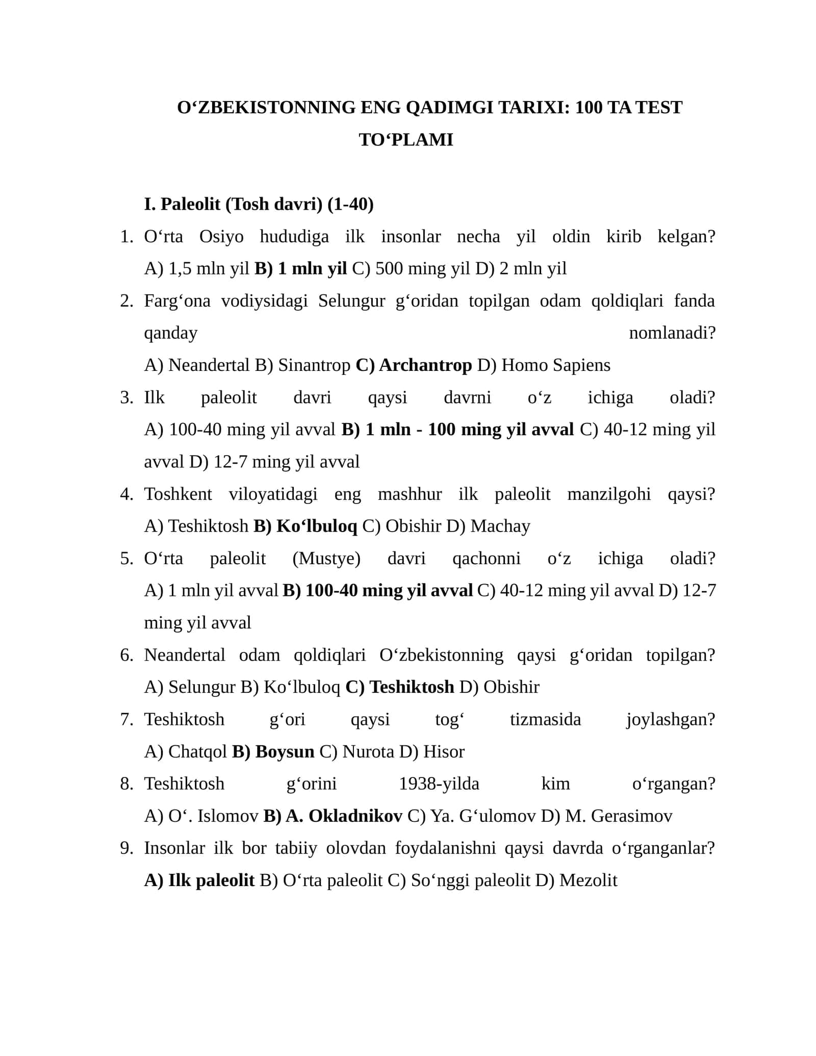 O‘ZBEKISTONNING ENG QADIMGI TARIXI: 100 TA TEST TO‘PLAMI 1