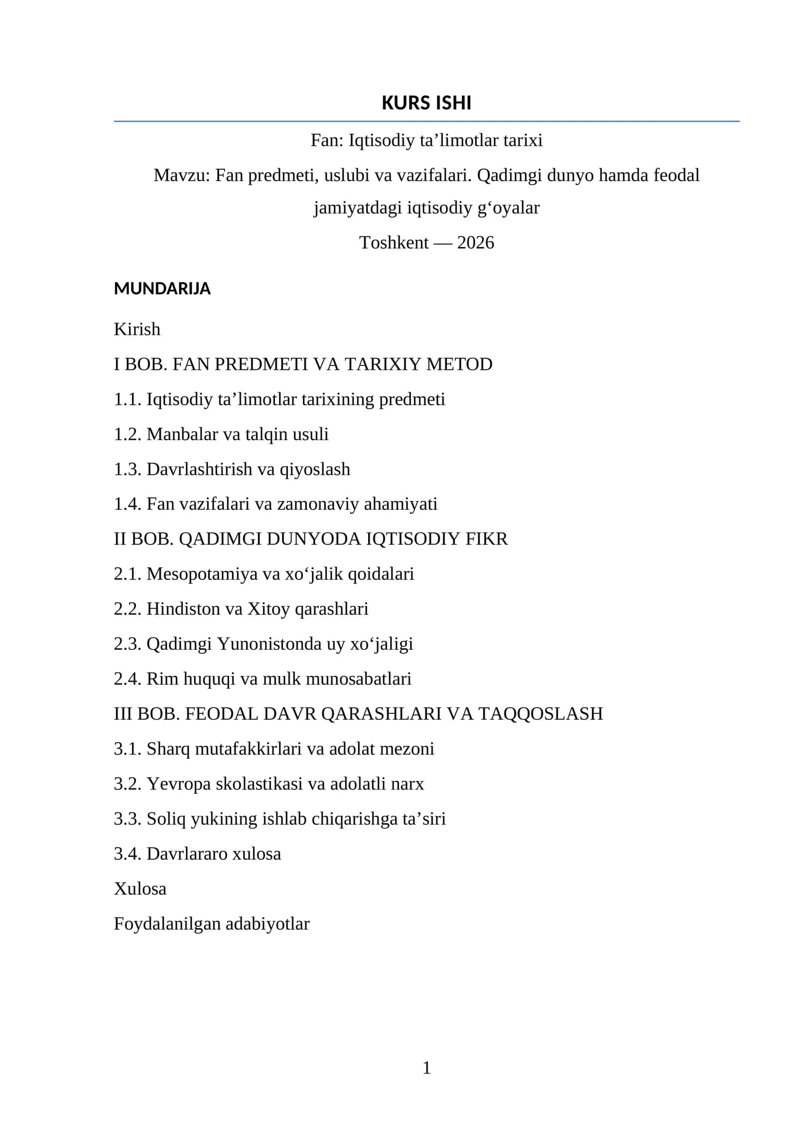 Fan: Iqtisodiy ta’limotlar tarixi 1