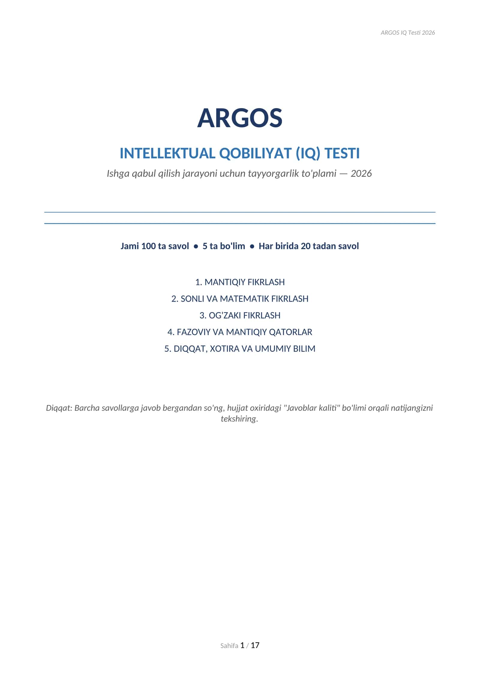 Argos IQ Testlar javoblari bilan 5 ta bo'limdan yangi 1
