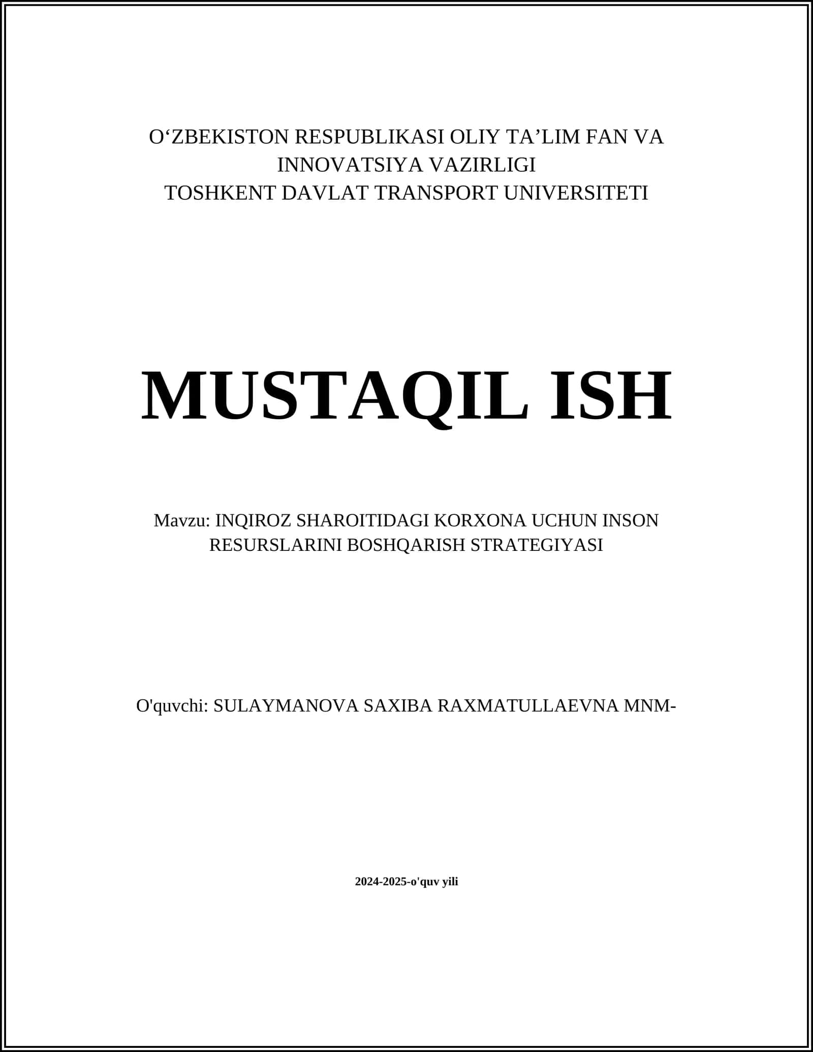 INQIROZ SHAROITIDAGI KORXONA UCHUN INSON RESURSLARINI BOSHQARISH STRATEGIYASI 1