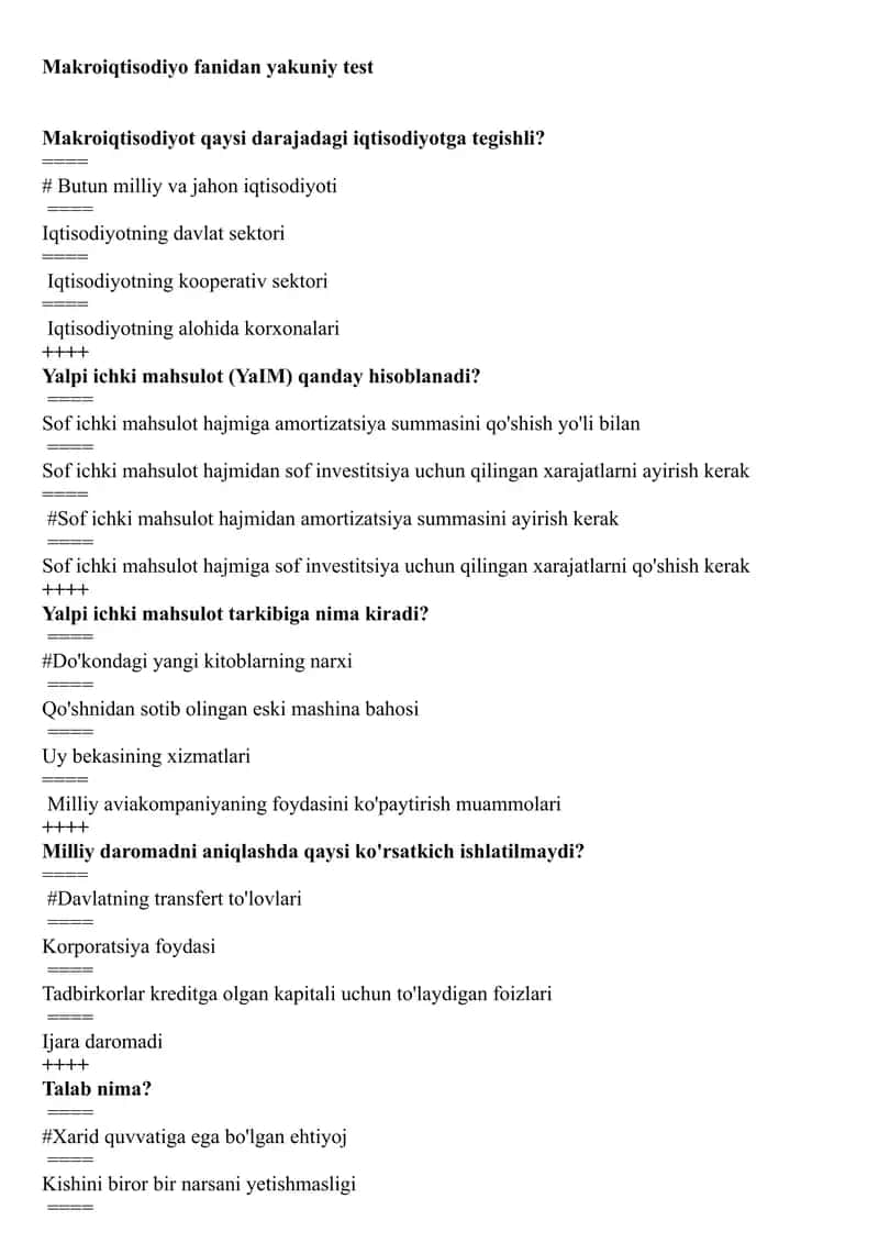Makroiqtisodiyot fanidan yakuniy test , 100 talik javoblari bilan 1