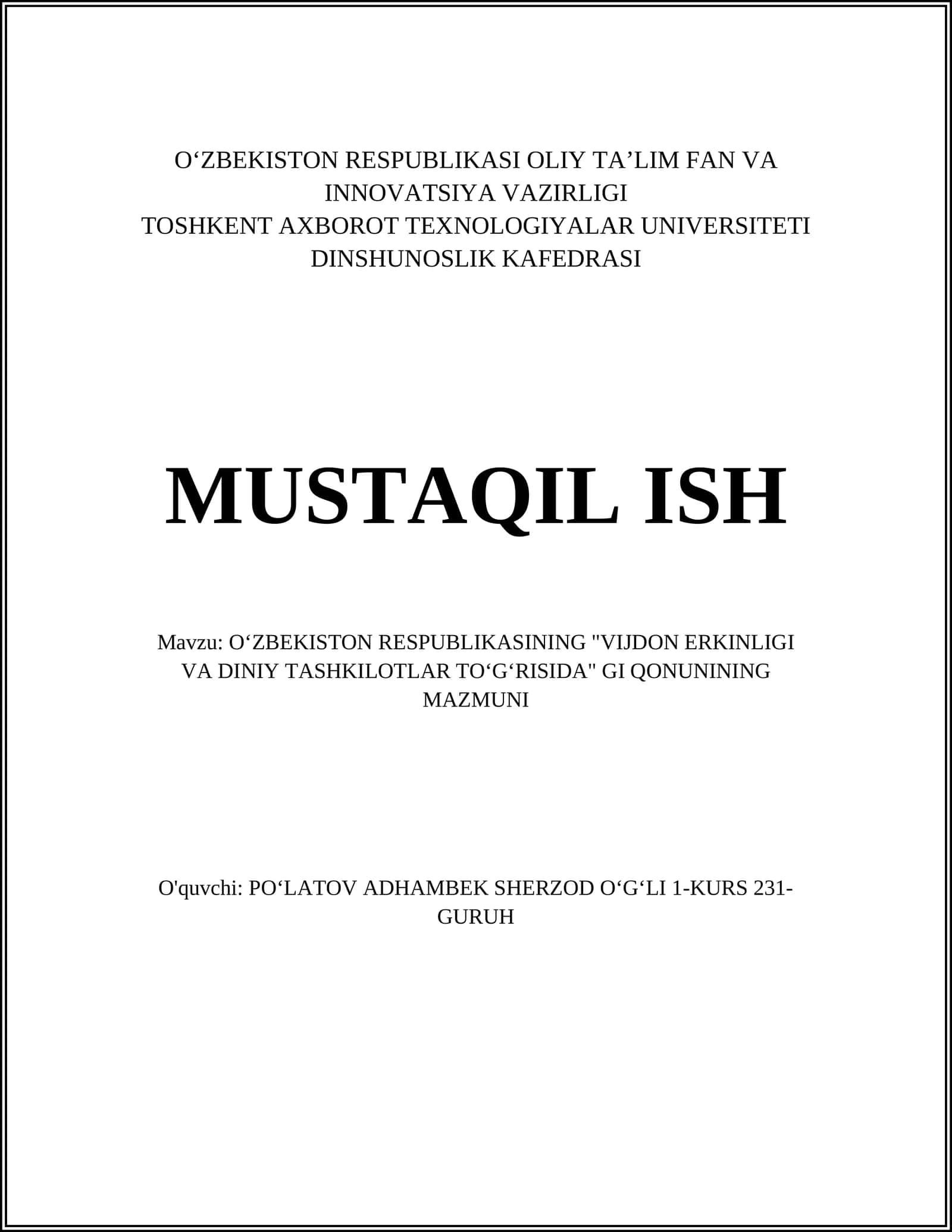 OʻZBEKISTON RESPUBLIKASINING "VIJDON ERKINLIGI VA DINIY TASHKILOTLAR TOʻGʻRISIDA" GI QONUNINING MAZMUNI 1