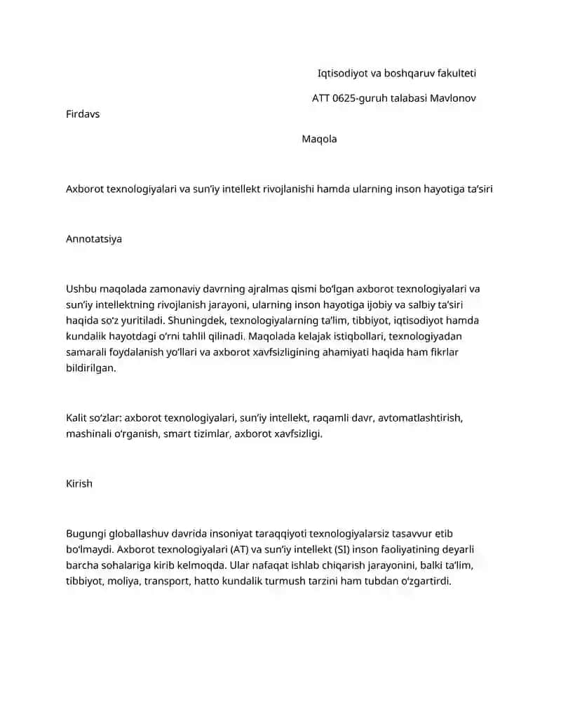 Axborot texnologiyalari va sun’iy intellekt rivojlanishi