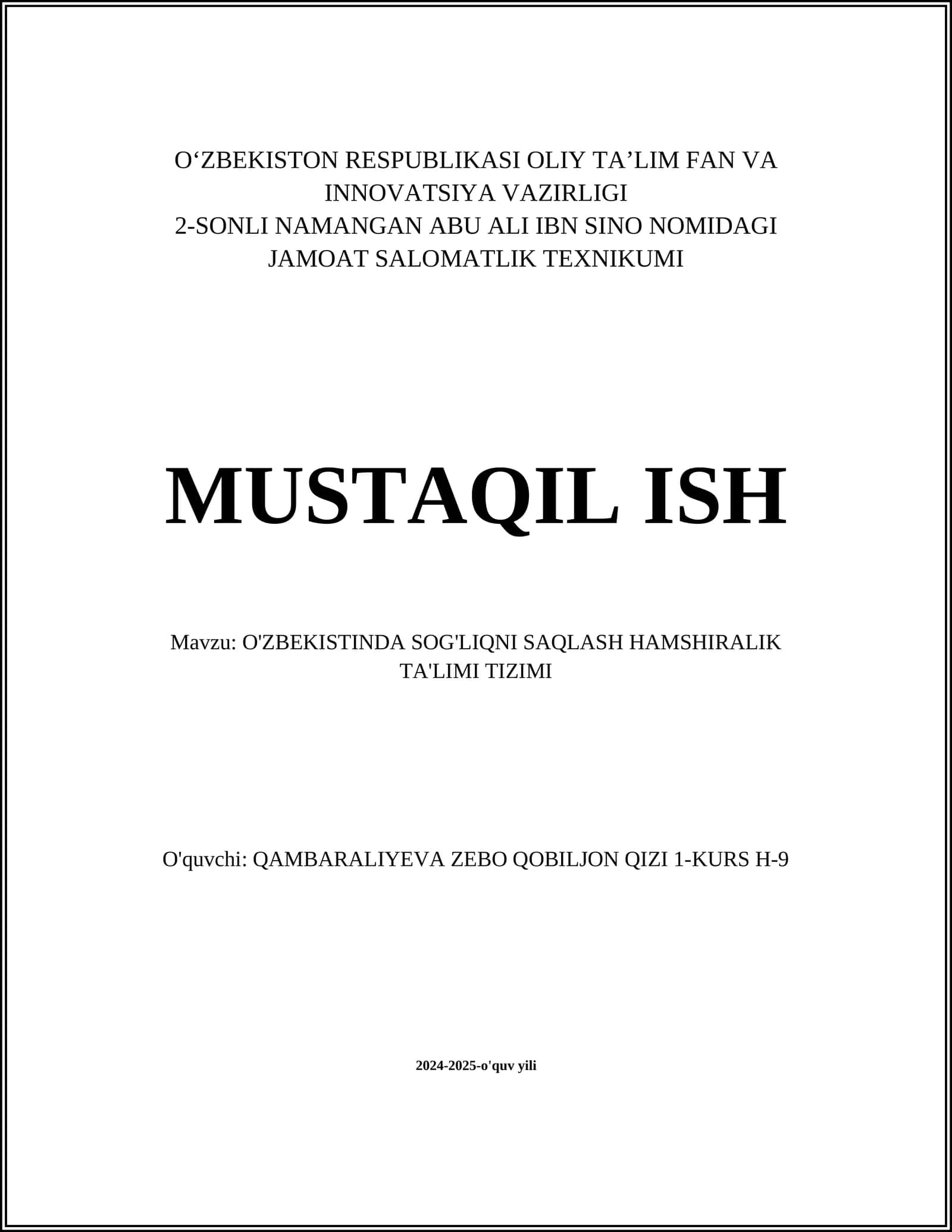 O'ZBEKISTINDA SOG'LIQNI SAQLASH HAMSHIRALIK TA'LIMI TIZIMI 1