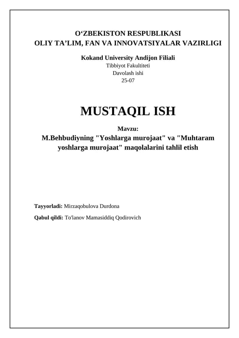 M.Behbudiyning "Yoshlarga murojaat" va "Muhtaram yoshlarga murojaat" maqolalarini tahlil etish 1