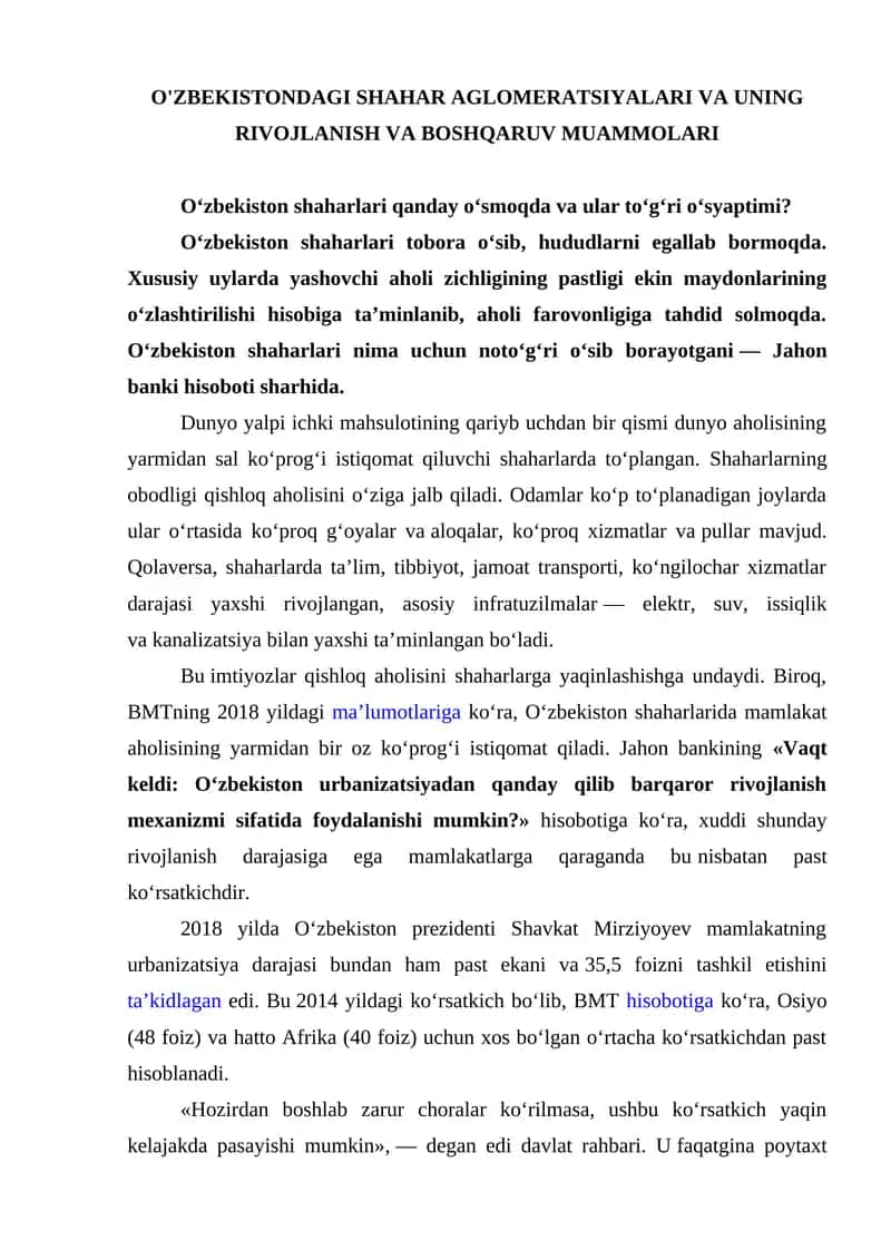 O'zbekistondagi Shahar Aglomeratsiyalari va Uning Rivojlanish va Boshqaruv Muammolari 1
