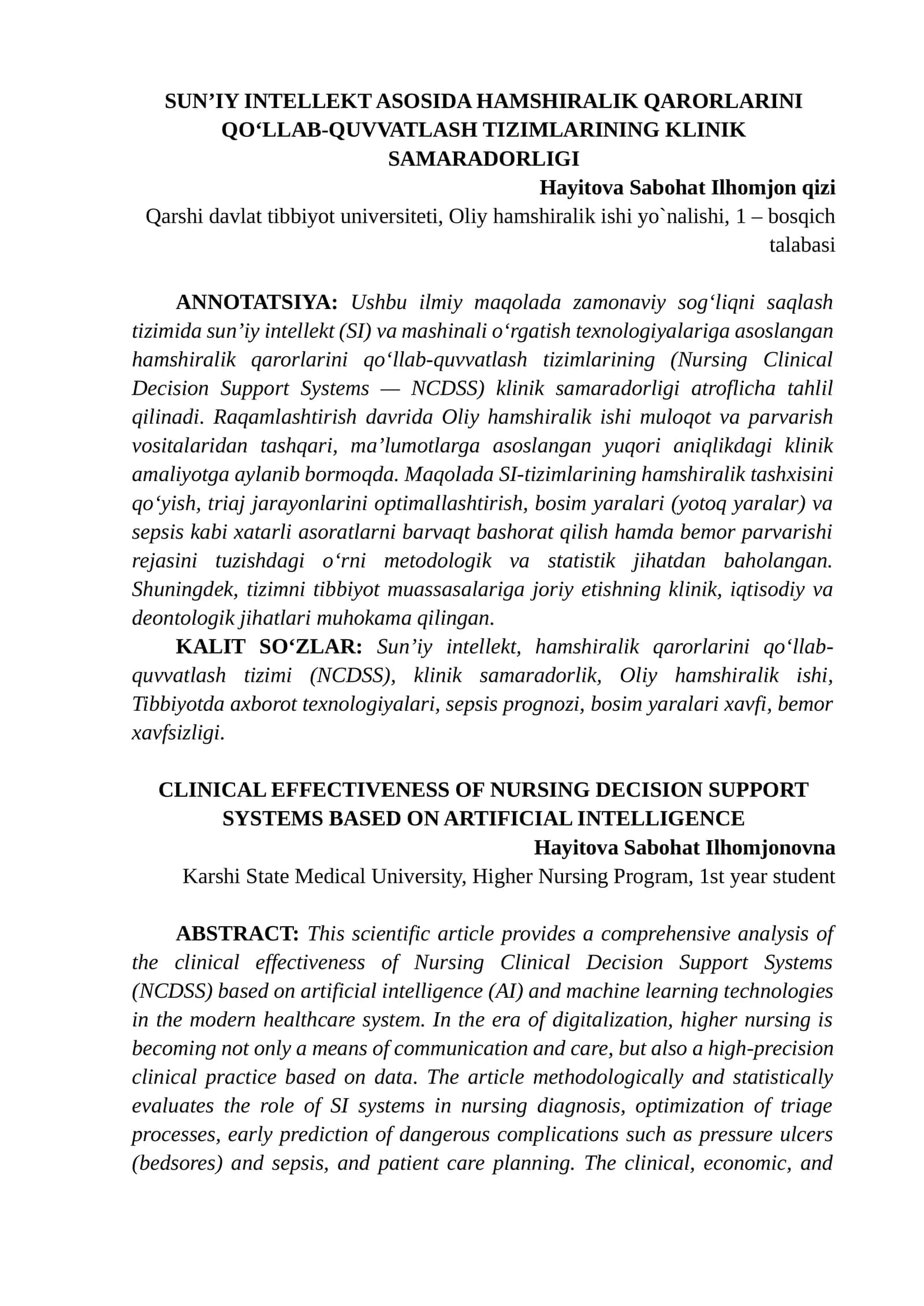 SUN’IY INTELLEKT ASOSIDA HAMSHIRALIK QARORLARINI QO‘LLAB-QUVVATLASH TIZIMLARINING KLINIK SAMARADORLIGI 1