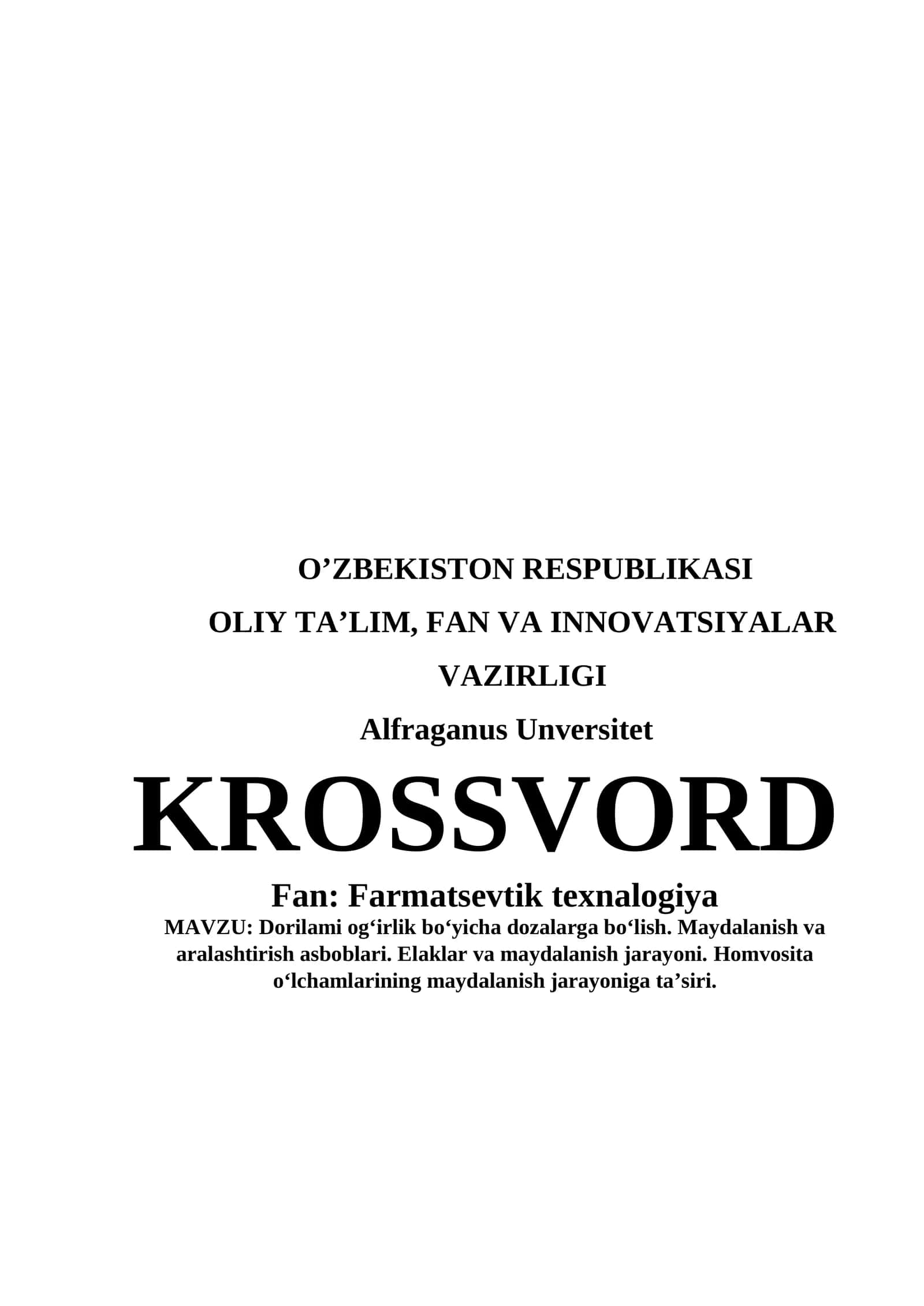 Farmatsevtika sohasiga oid krossvord 1