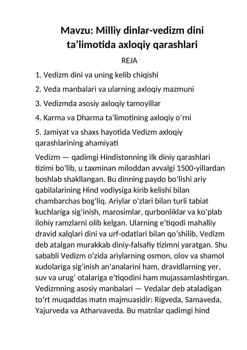 Milliy dinlar-vedizm dini ta’limotida axloqiy qarashlari 1