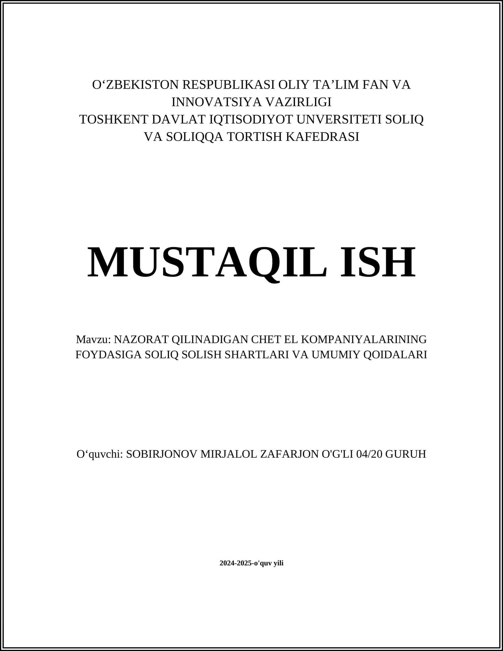 NAZORAT QILINADIGAN CHET EL KOMPANIYALARINING FOYDASIGA SOLIQ SOLISH SHARTLARI VA UMUMIY QOIDALARI 1