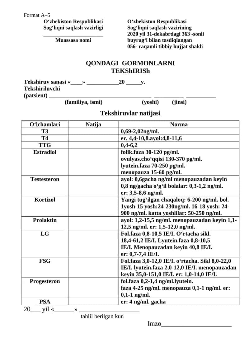 Qondagi gormonlarni tekshirish blankasi 1