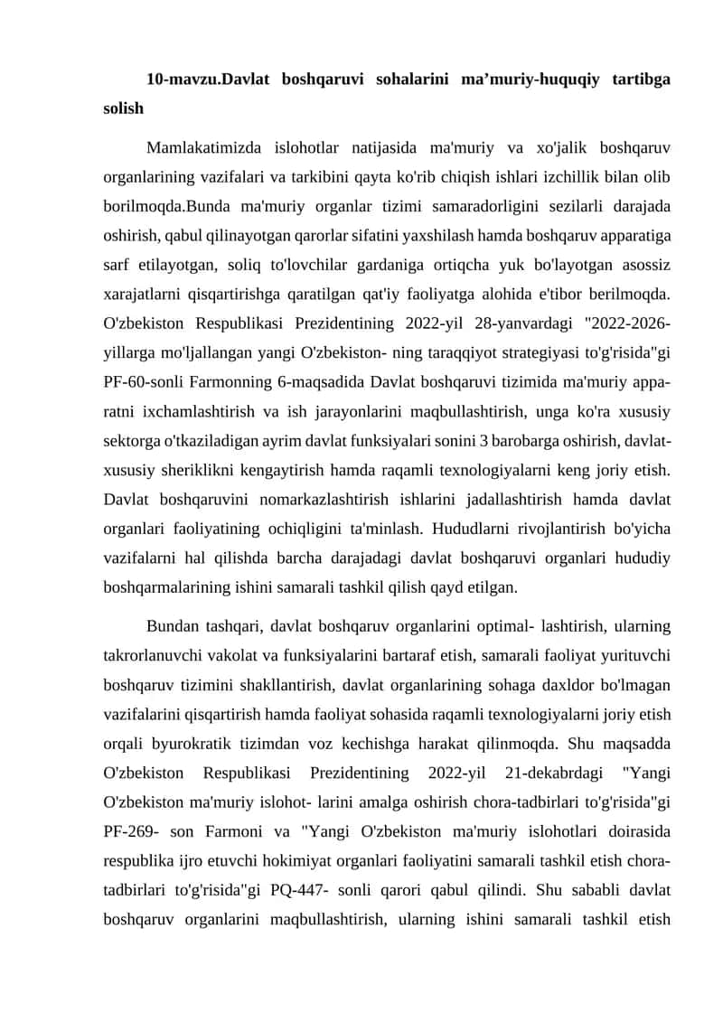 10-mavzu.Davlat boshqaruvi sohalarini maʼmuriy-huquqiy tartibga solish 1