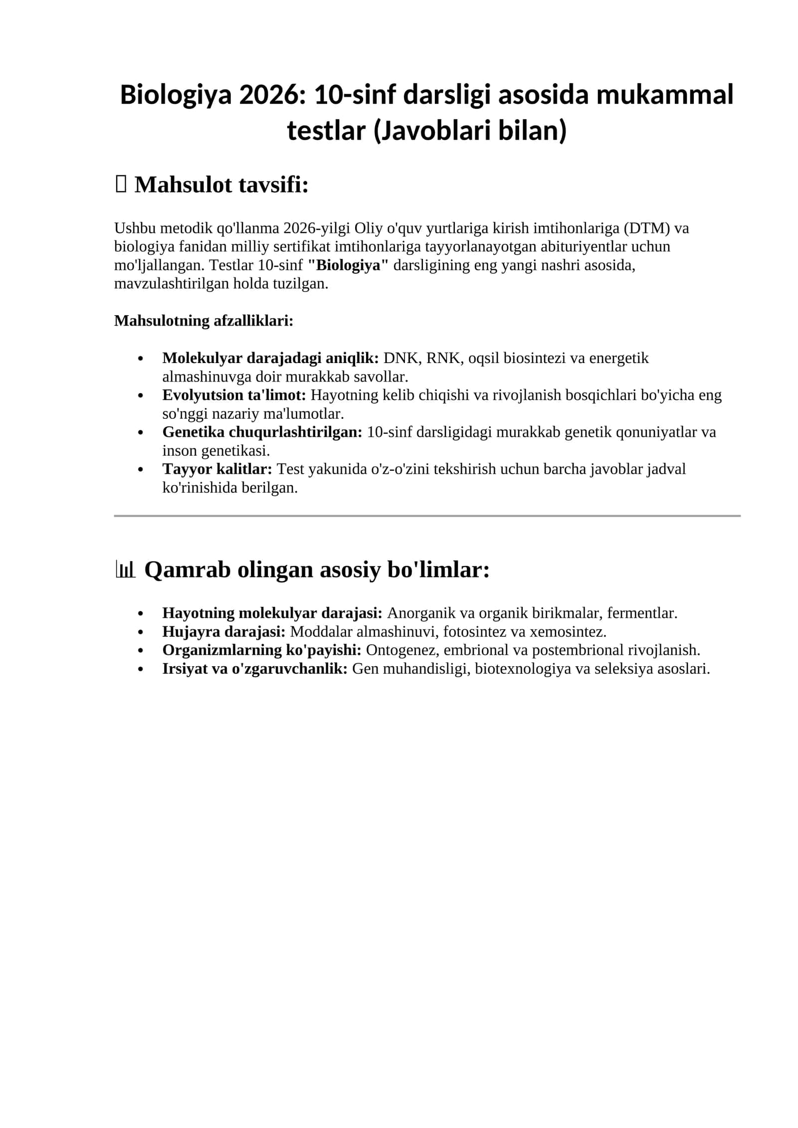 Biologiya 2026: 10-sinf darsligi asosida mukammal testlar (Javoblari bilan) 1