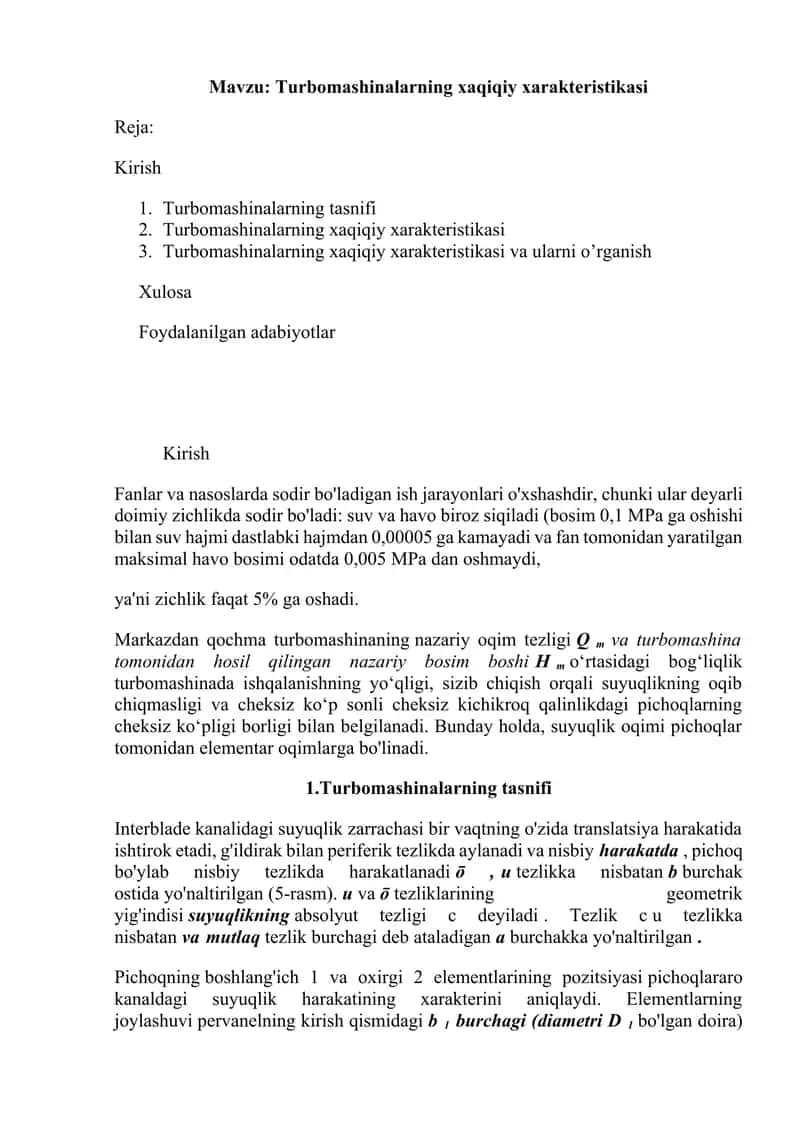 Turbomashinalarning xaqiqiy xarakteristikasi 1