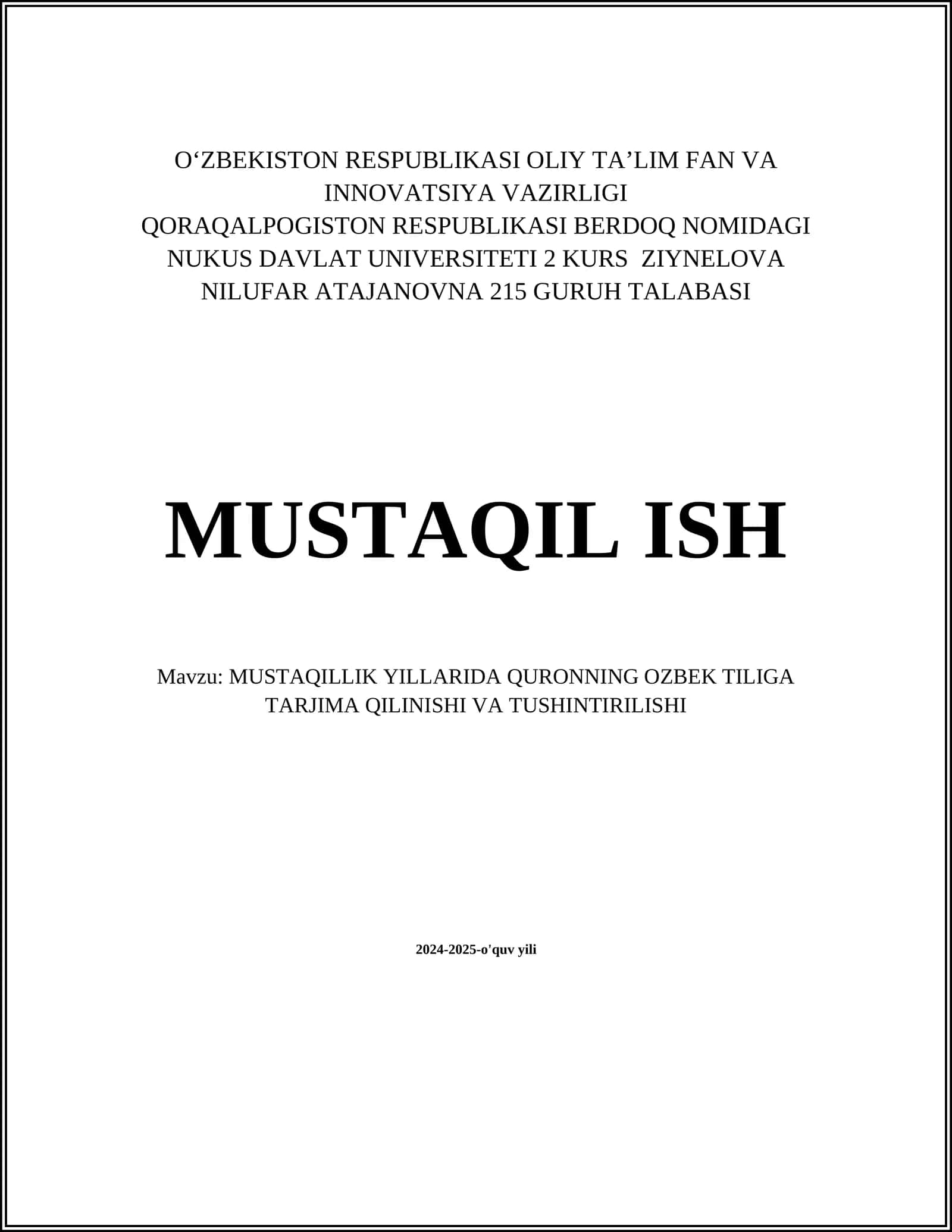 Qur'onning O'zbek Tiliga Tarjima Qilinishi va Tushintirilishi 1