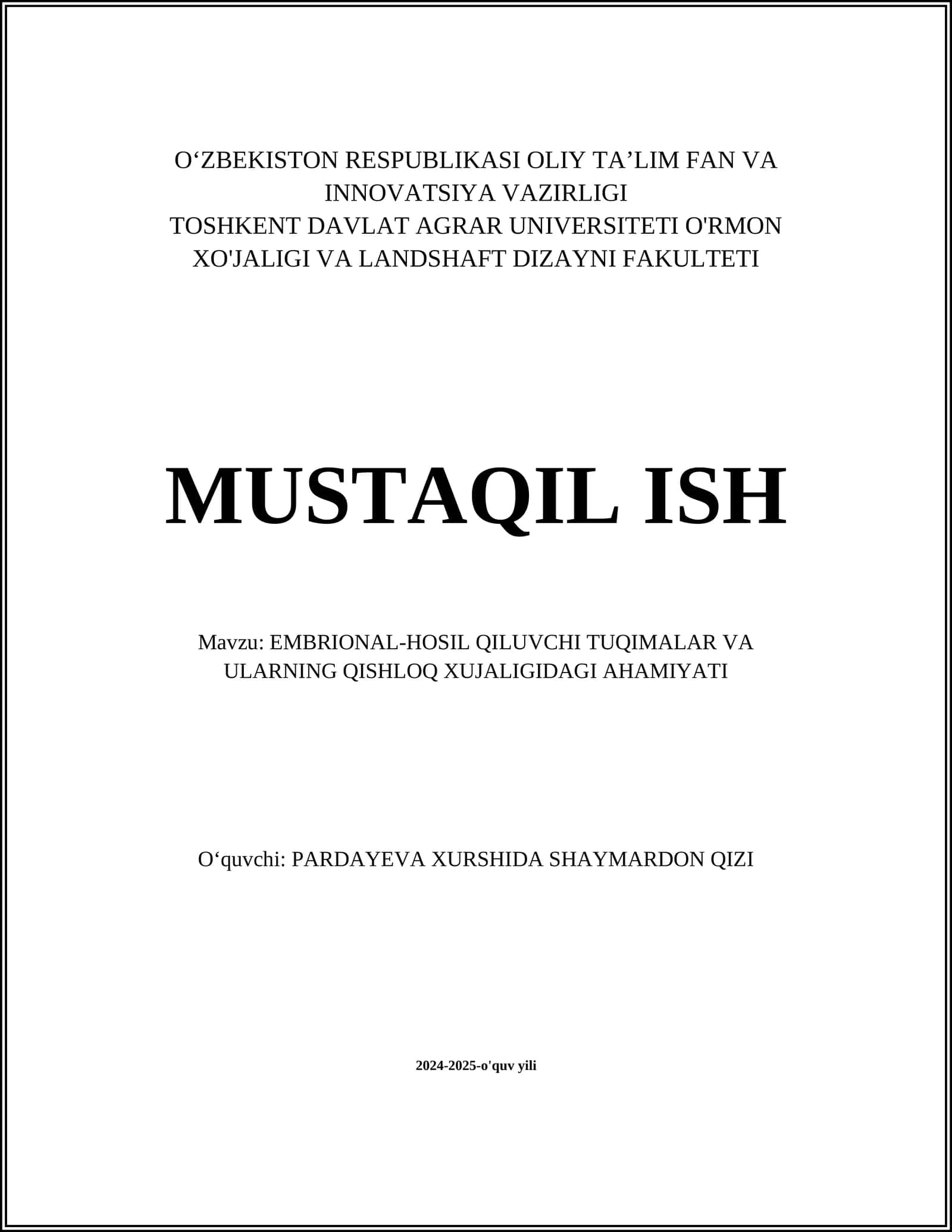 Embriologiya fanidan mustaqil ish 1