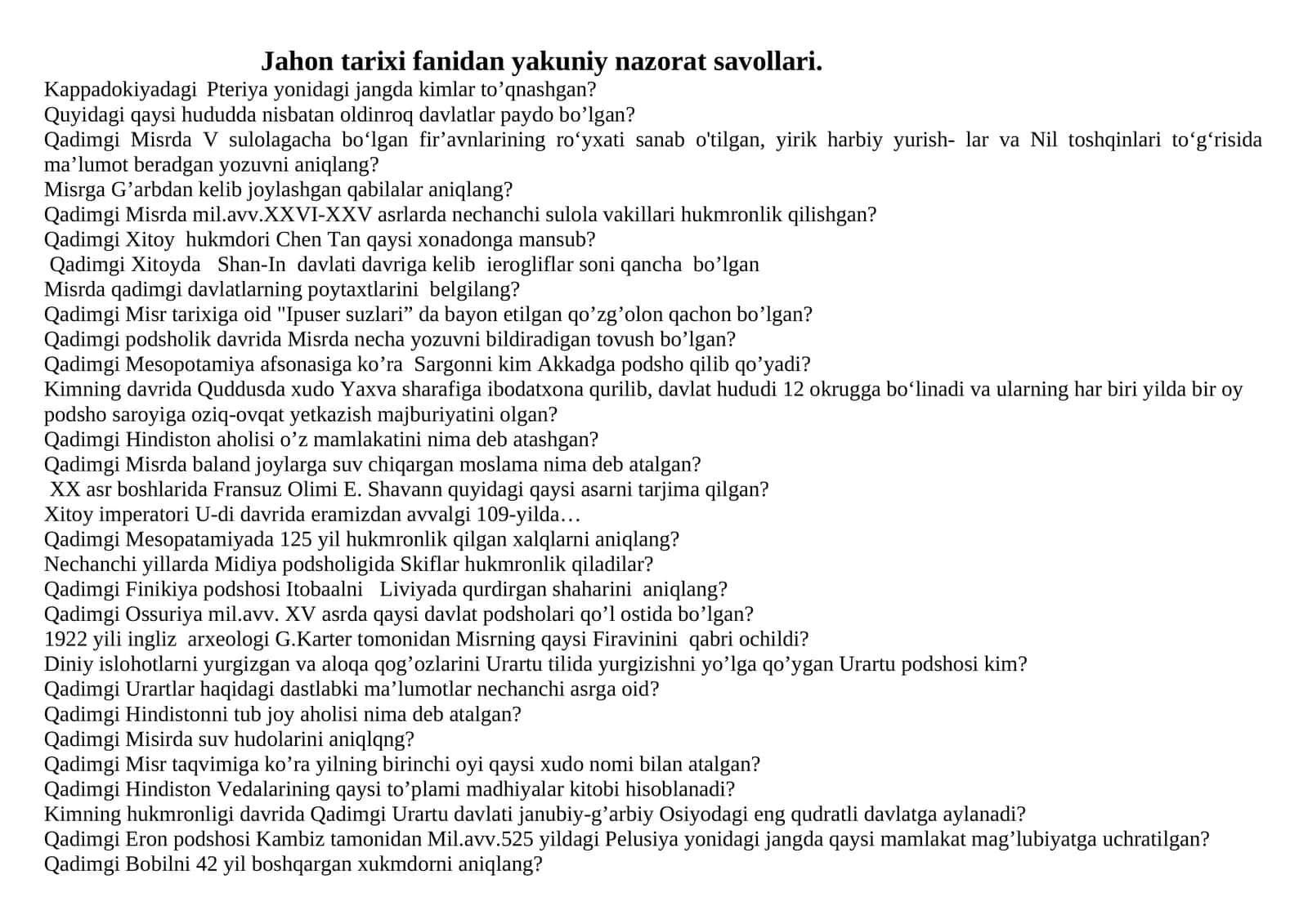 Jahon tarixi fanidan yakuniy nazorat savollari 1