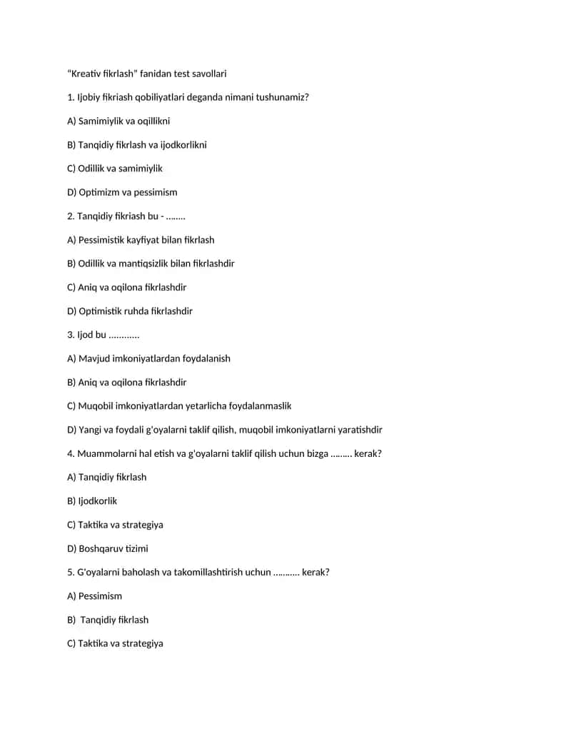“Kreativ fikrlash” fanidan test savollari 1