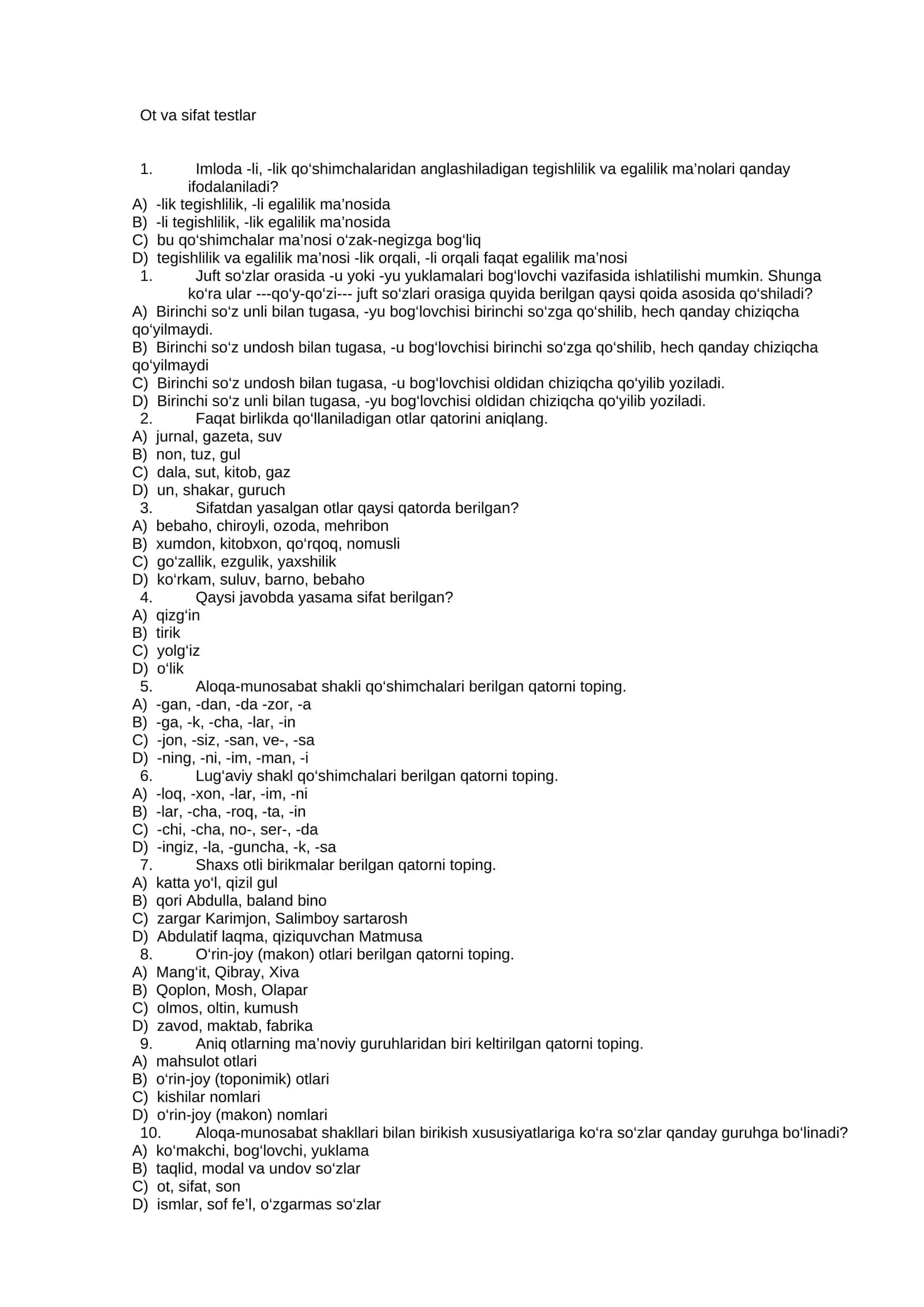 Ot va sifat testlar 1