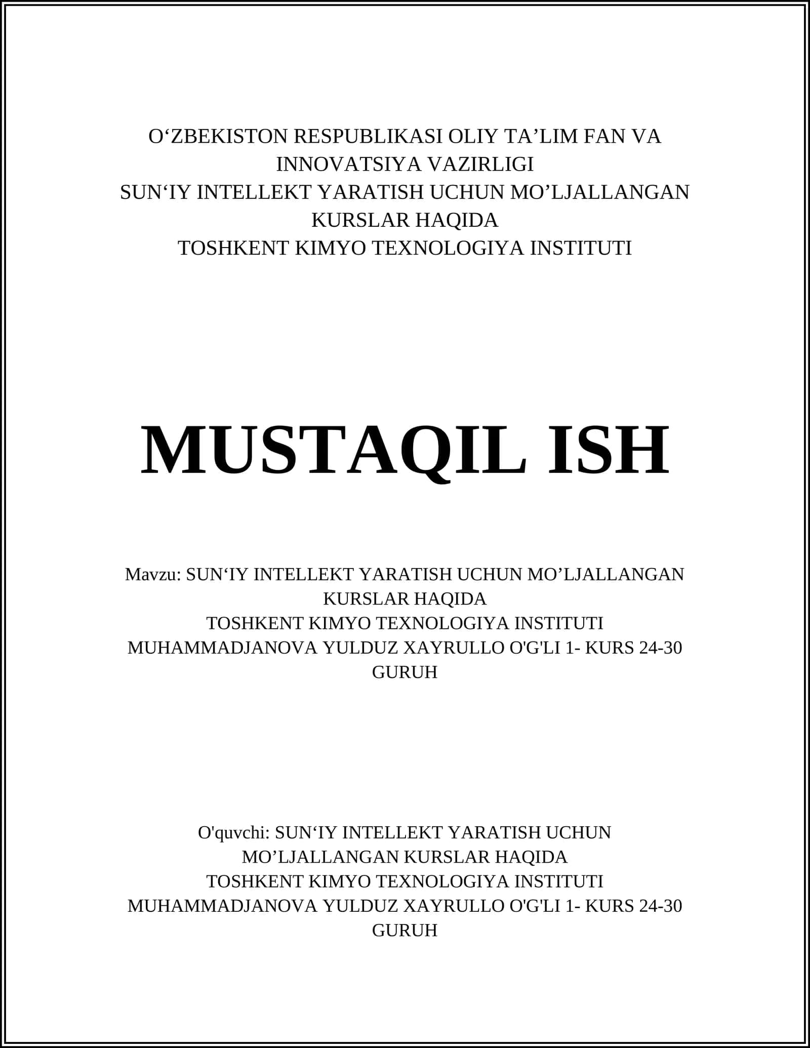 SUNʻIY INTELLEKT YARATISH UCHUN MO’LJALLANGAN KURSLAR 1