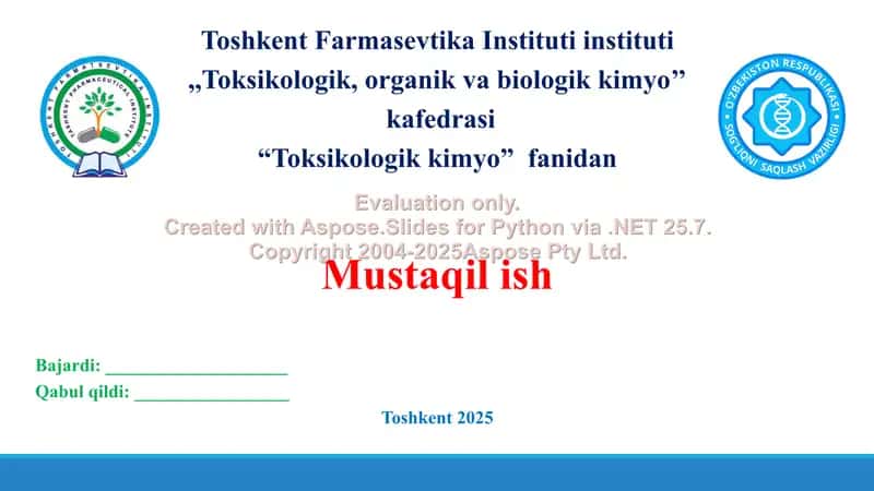12. Zaharli moddalarning toksikokinetika va toksikodinamikasi. Taqdimot, 13 bet. 1