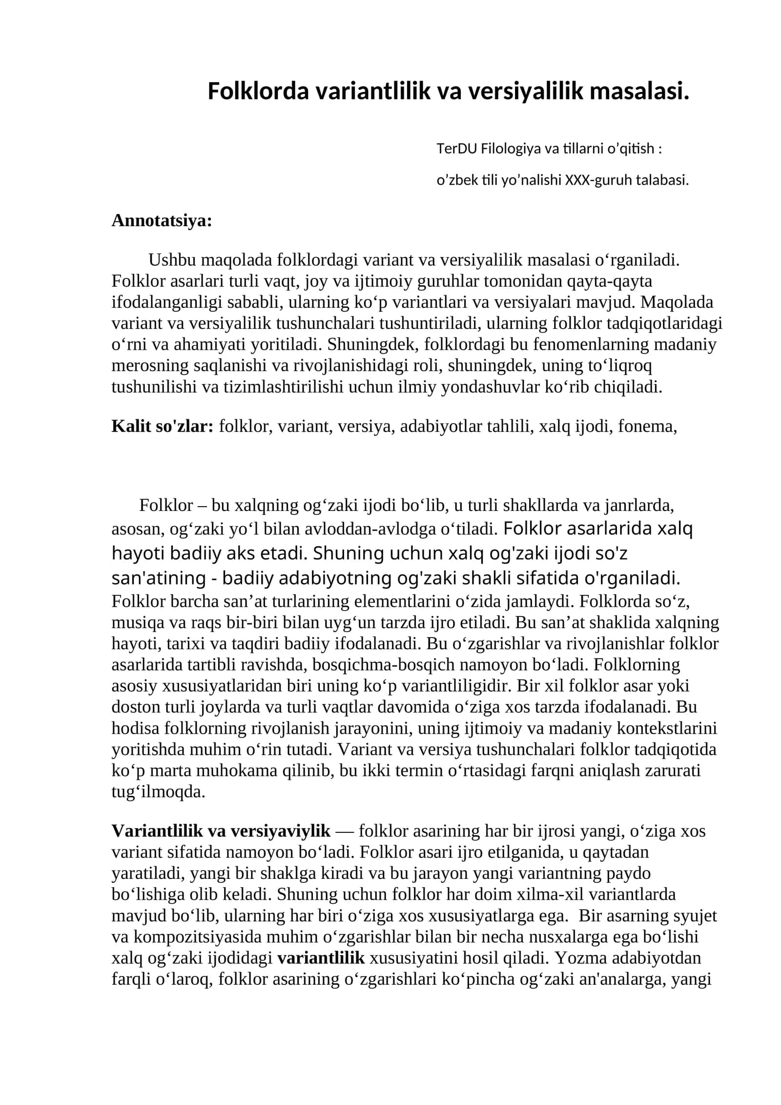 Folklorda variantlilik va versiyalilik masalasi 1