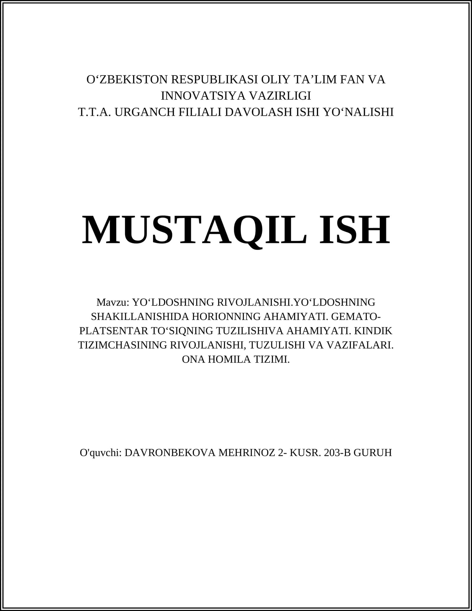 YOʻLDOSHNING RIVOJLANISHI 1