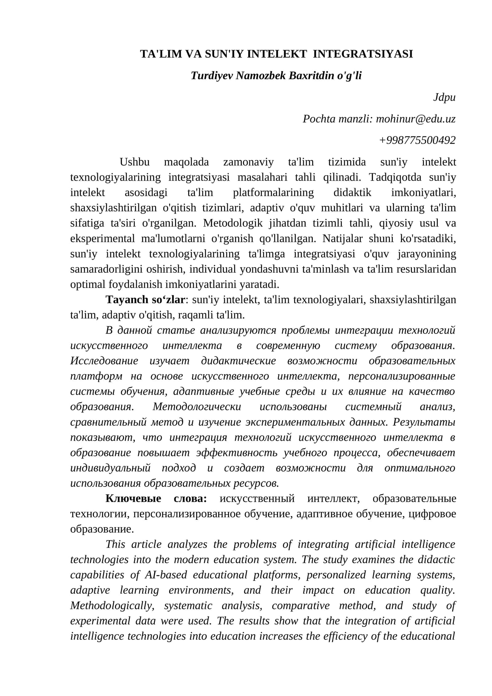TA'LIM VA SUN'IY INTELEKT INTEGRATSIYASI 1