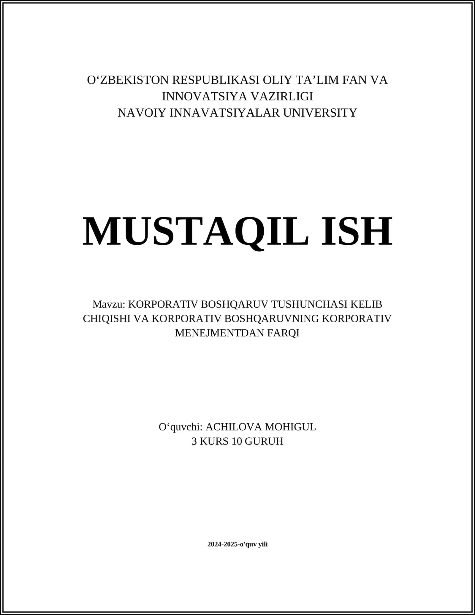 KORPORATIV BOSHQARUV TUSHUNCHASI KELIB CHIQISHI VA KORPORATIV BOSHQARUVNING KORPORATIV MENEJMENTDAN FARQI 1