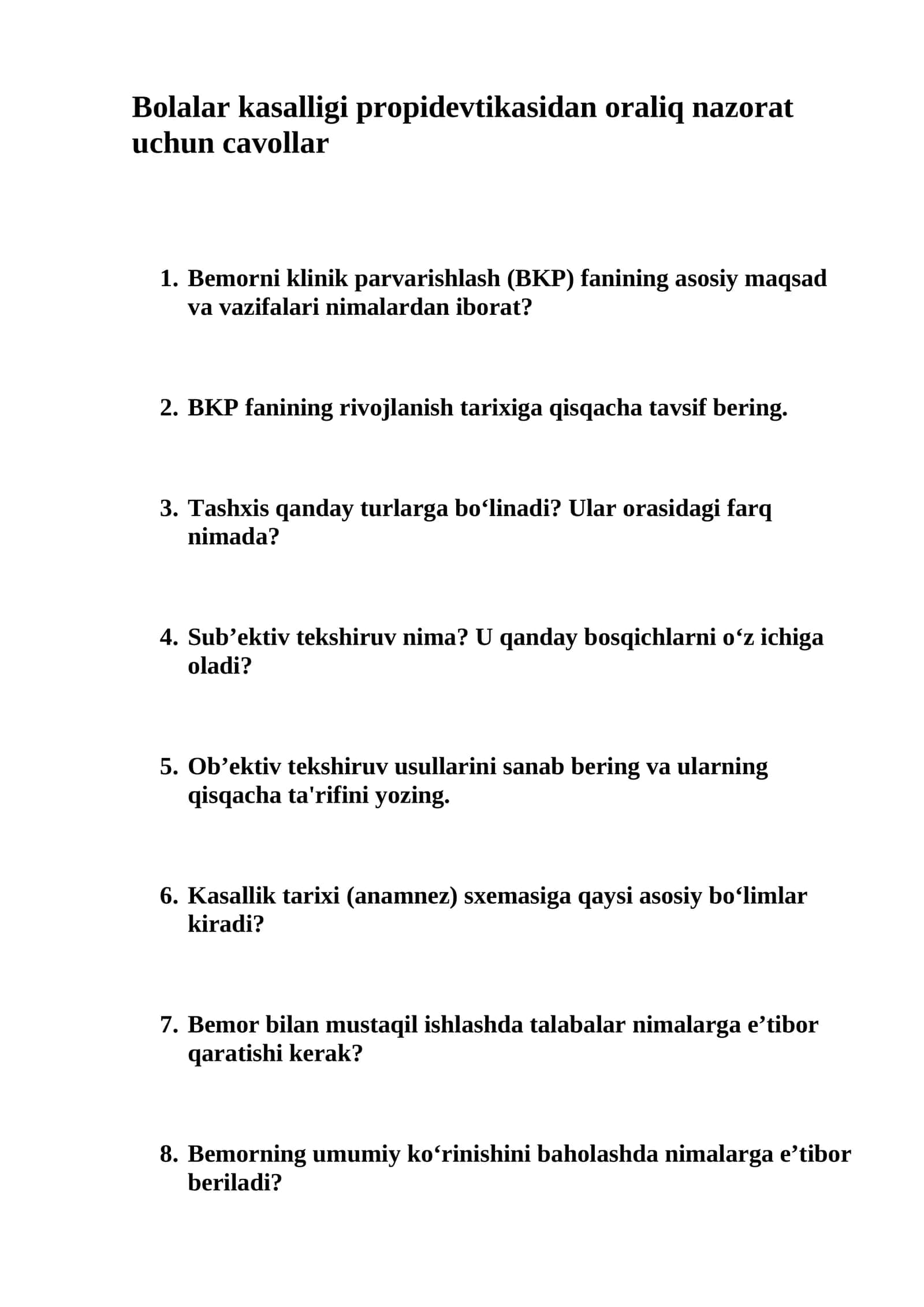 Bolalar kasalligi propidevtikasidan oraliq nazorat uchun cavollar 1