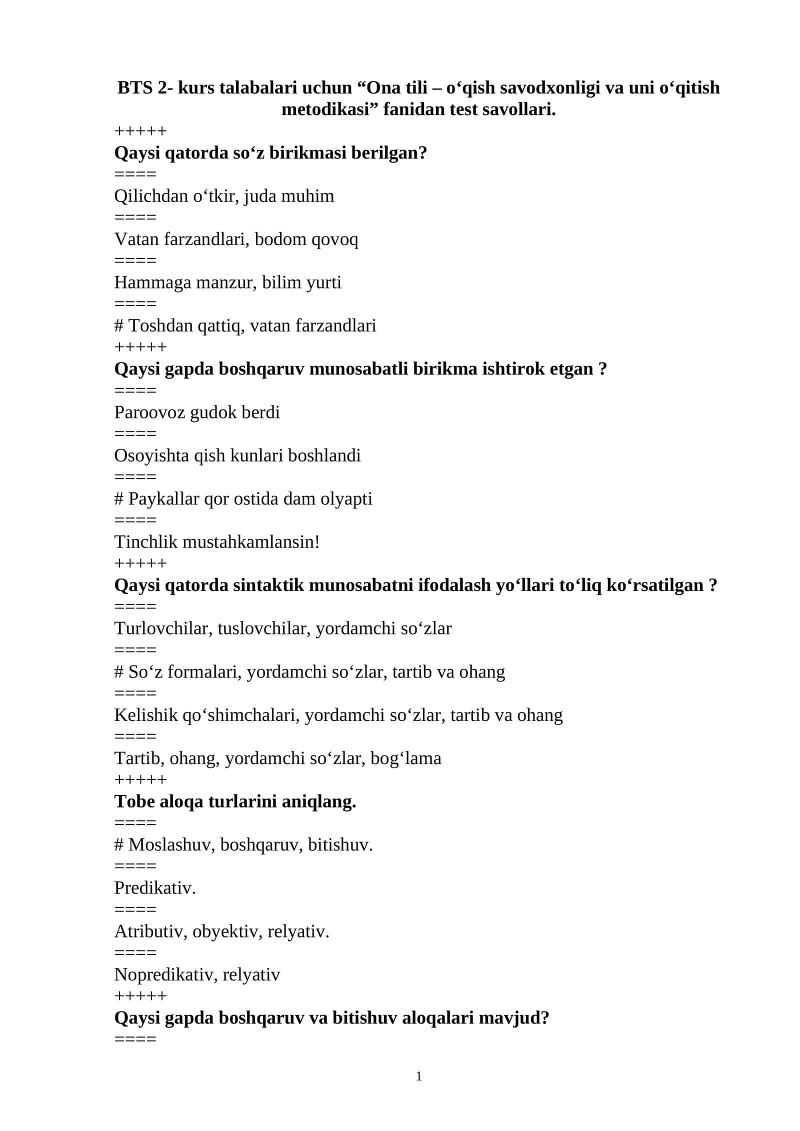 Ona tili – o‘qish savodxonligi va uni o‘qitish metodikasi test savollari 1