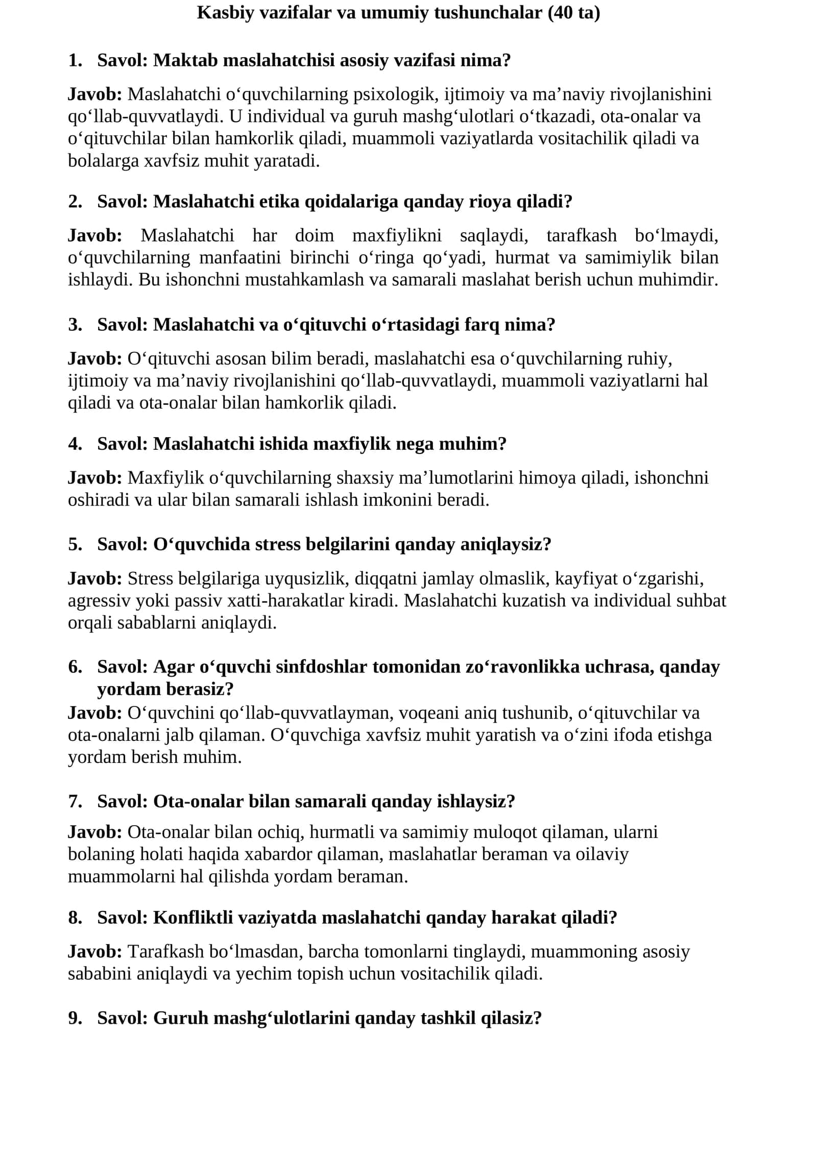 Maktab Maslahatchisi Tayyorlov Testlar va Suhbat Savollari – 2026 1