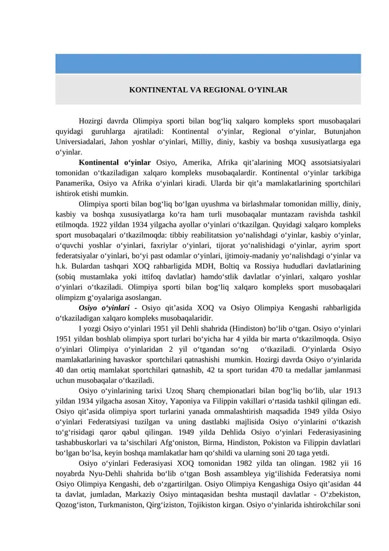 Kontinental va regional o‘yinlar 1