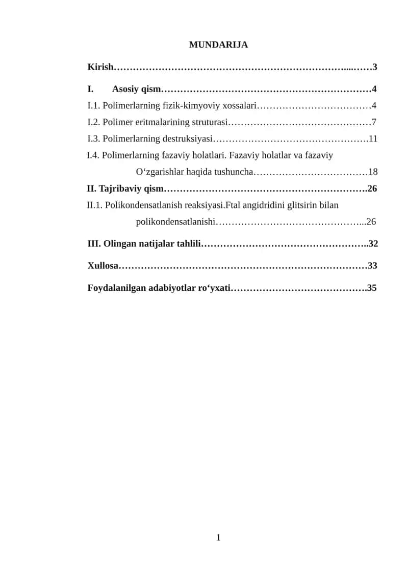 Polimerlarning fazaviy holatlari.Fazaviy holatlar va fazaviy o'zgarishlar haqida tushuncha. 1