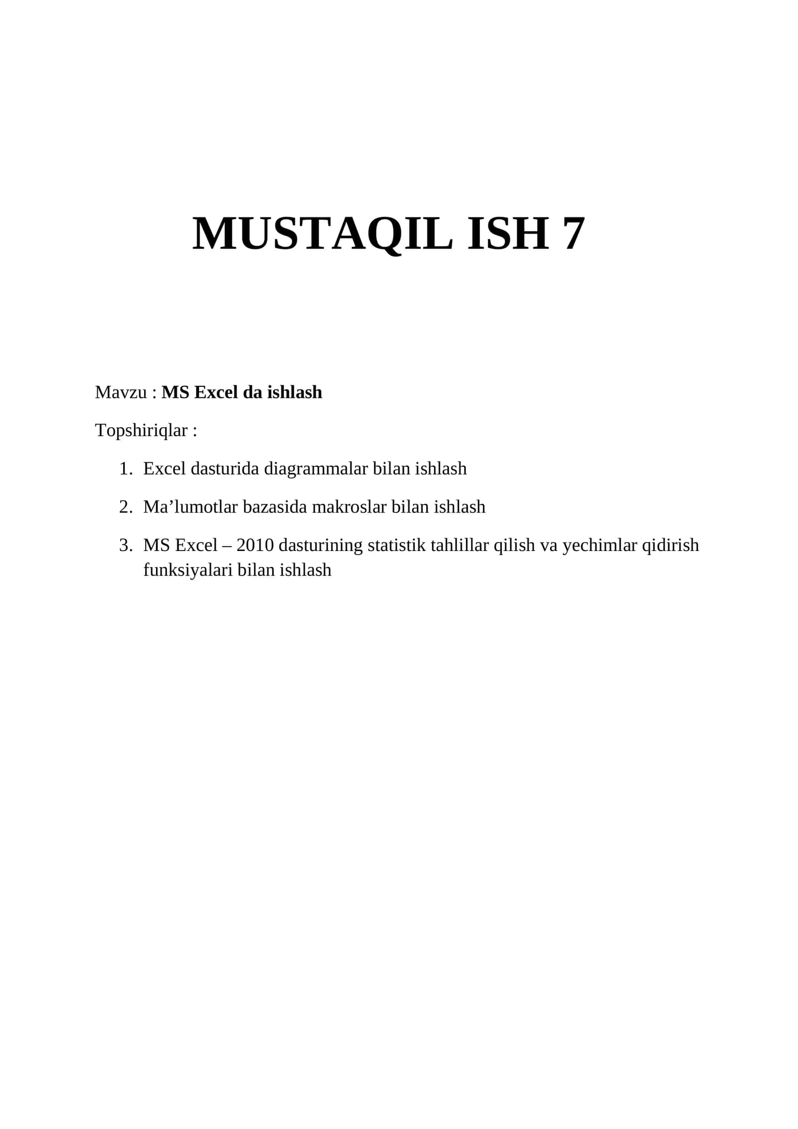 MS Excel da ishlash 1