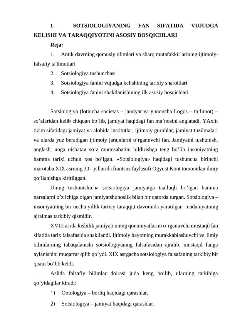 Sotsiologiya fanini vujudga kelishining tarixiy sharoitlari 1