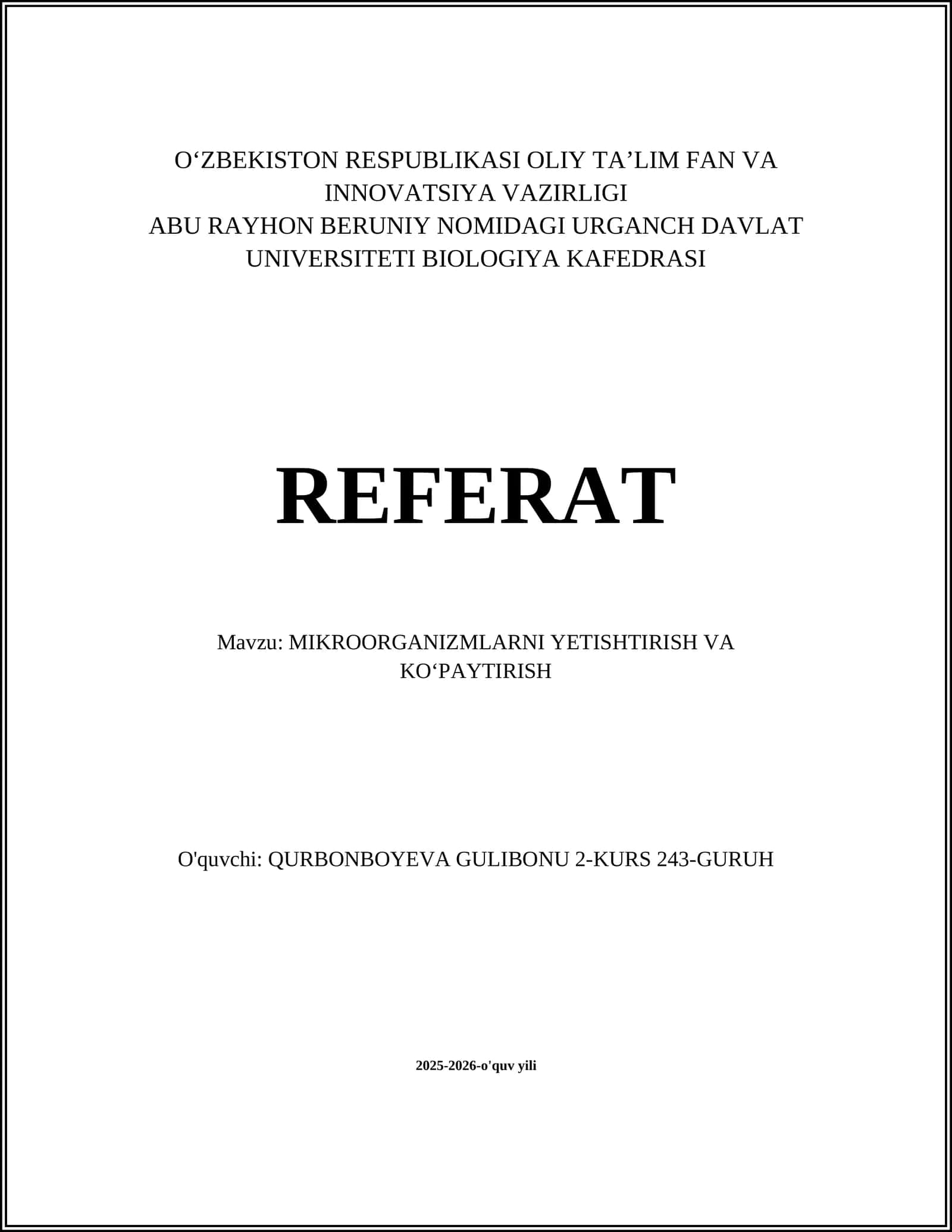 MIKROORGANIZMLARNI YETISHTIRISH VA KOʻPAYTIRISH 1