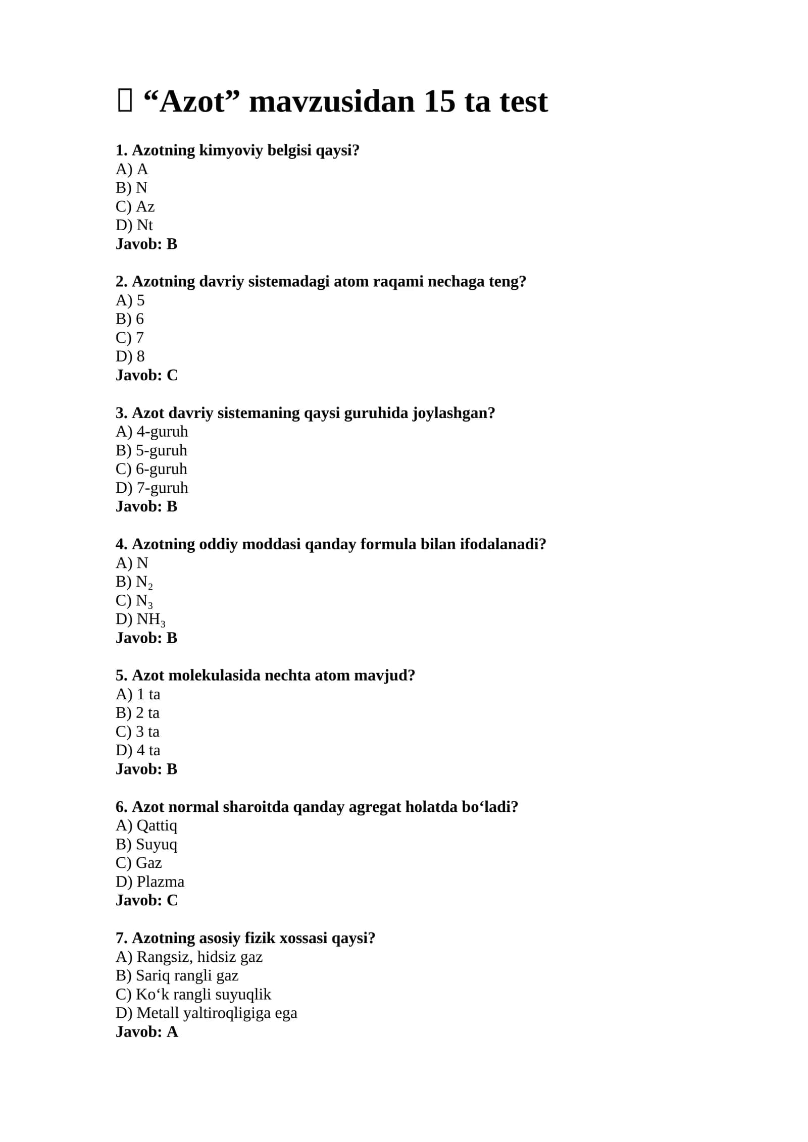 Azot test savollari 1