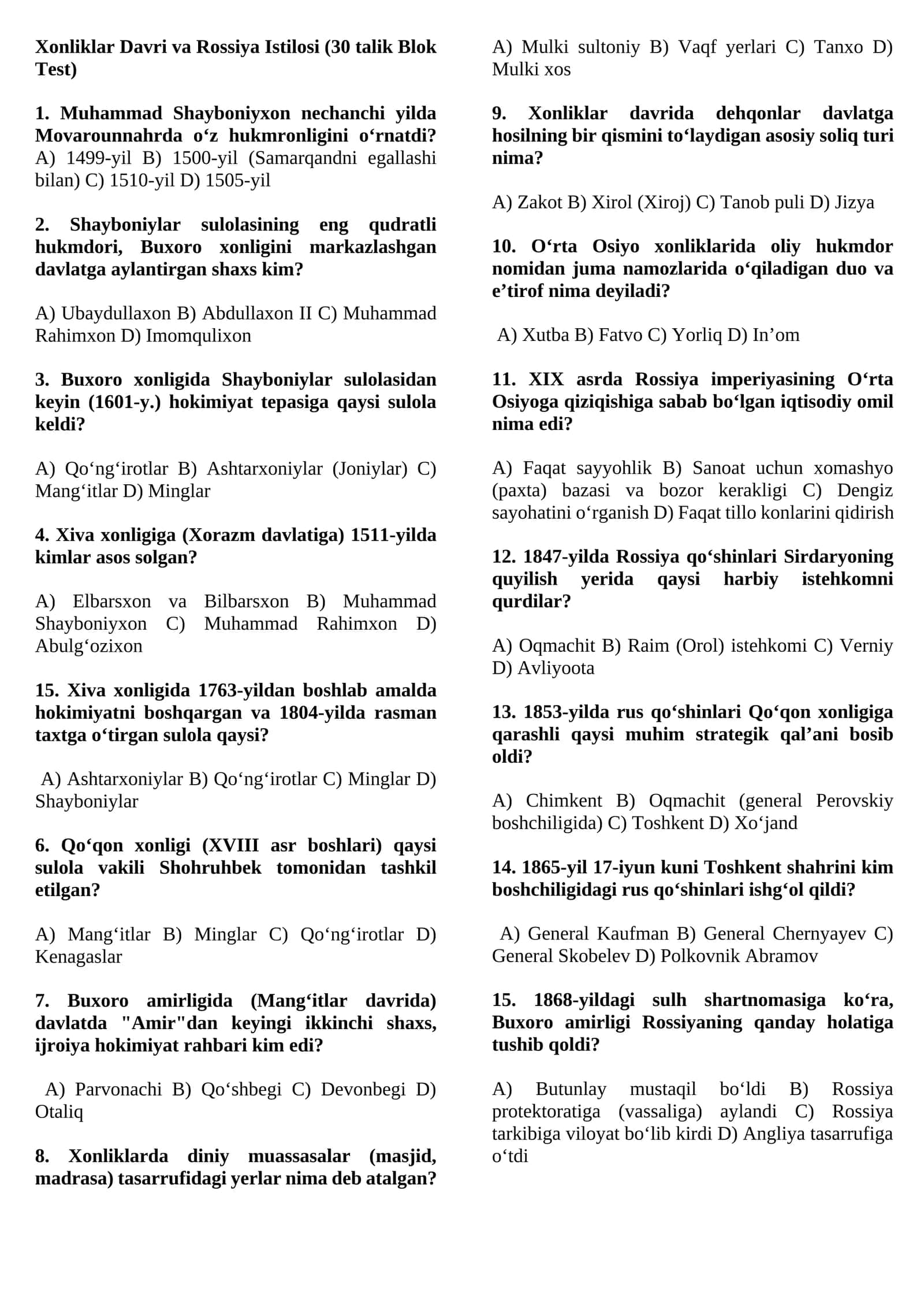 Xonliklar Davri va Rossiya Istilosi (30 talik Blok Test) 1