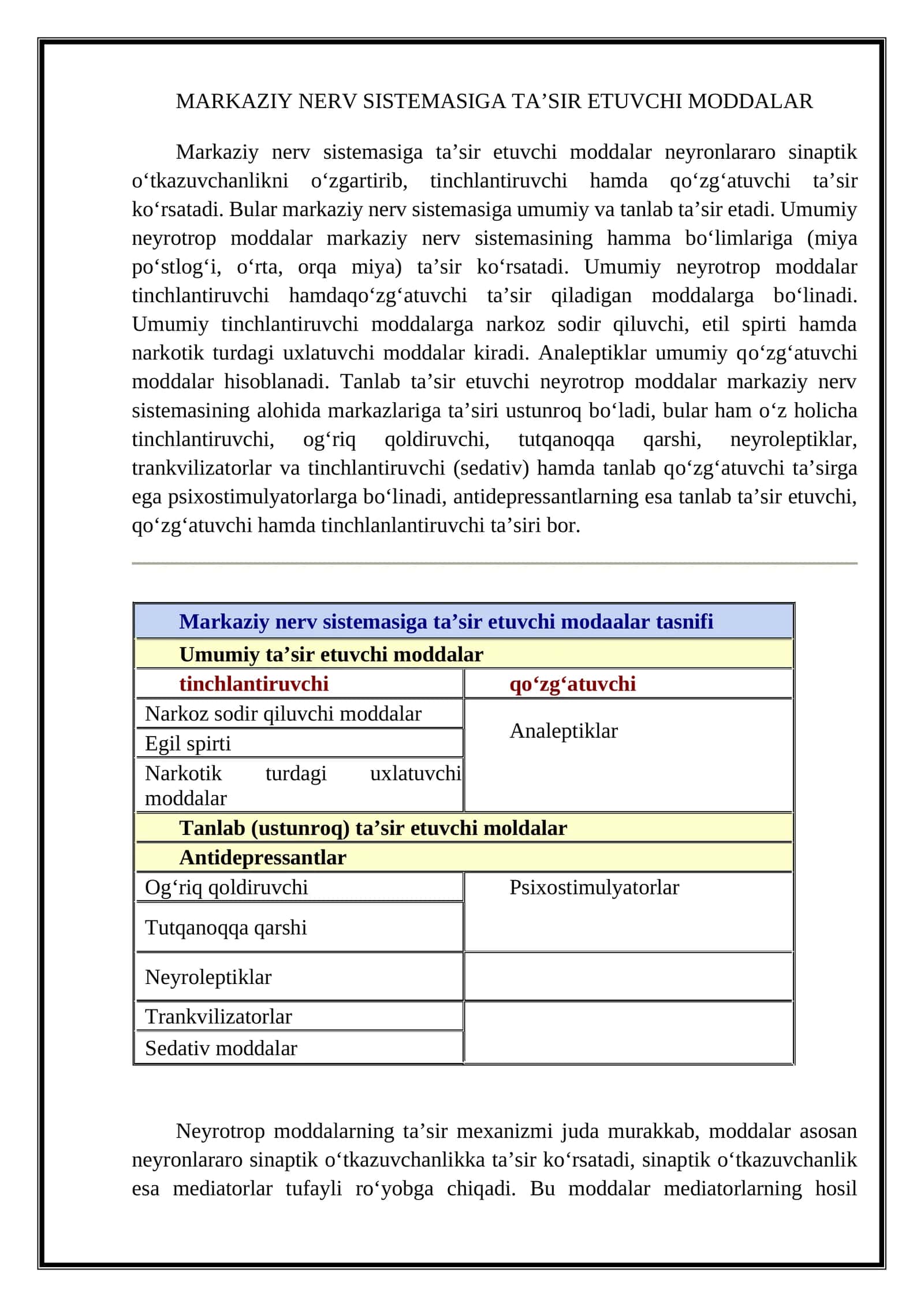 MARKAZIY NERV SISTEMASIGA TA’SIR ETUVCHI MODDALAR 1