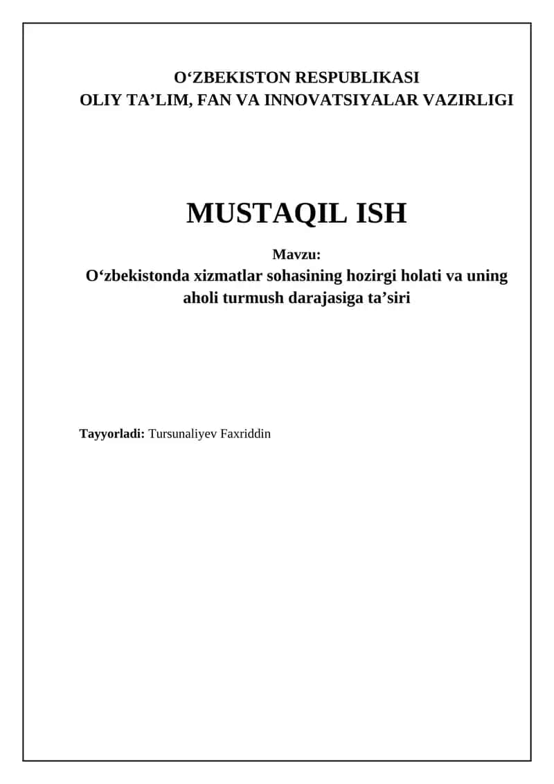 O‘zbekistonda xizmatlar sohasining hozirgi holati va uning aholi turmush darajasiga ta’siri 1