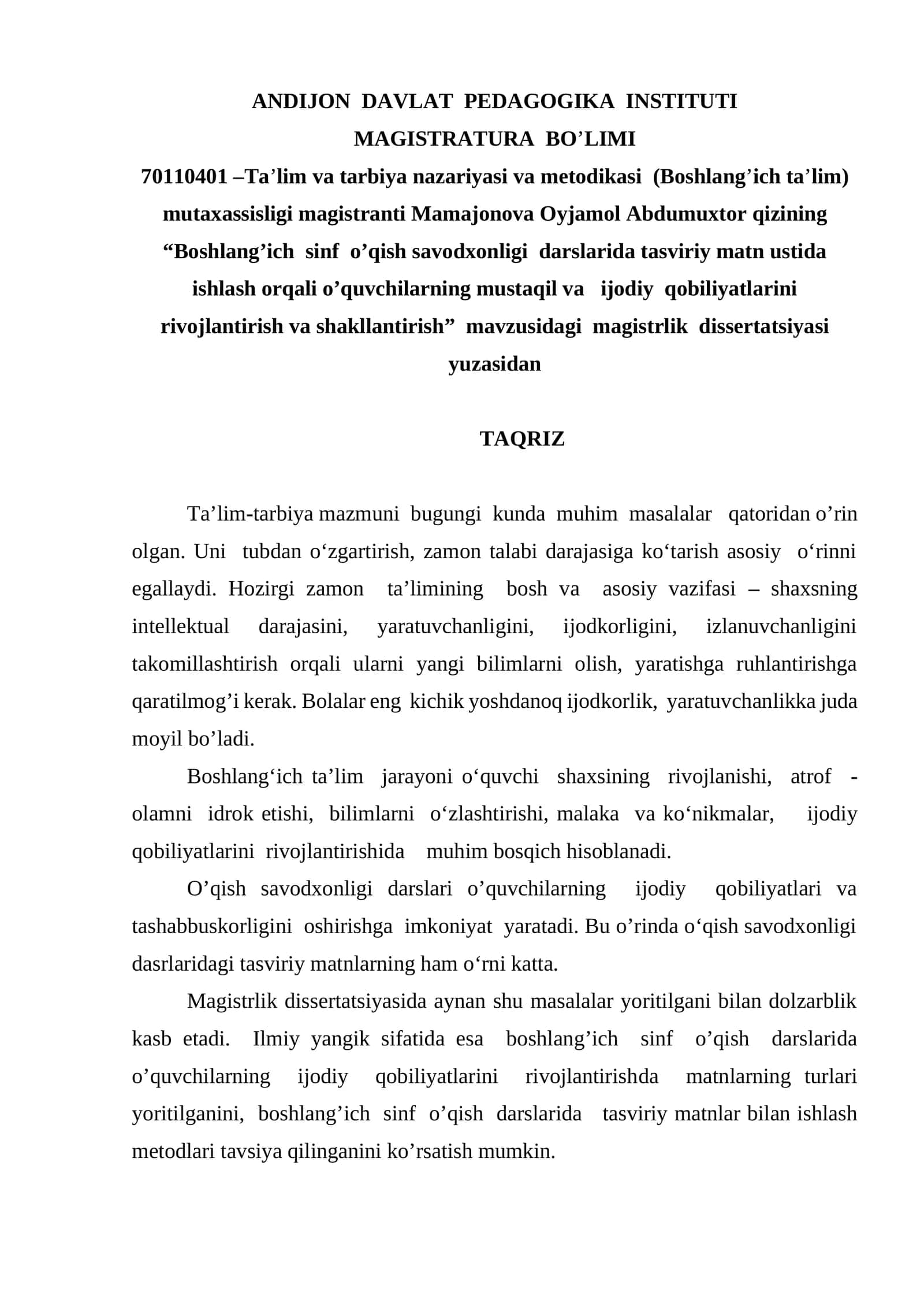 Boshlang’ich sinf o’qish savodxonligi darslarida tasviriy matn ustida ishlash orqali o’quvchilarning mustaqil va ijodiy qobiliyatlarini rivojlantirish va shakllantirish 1