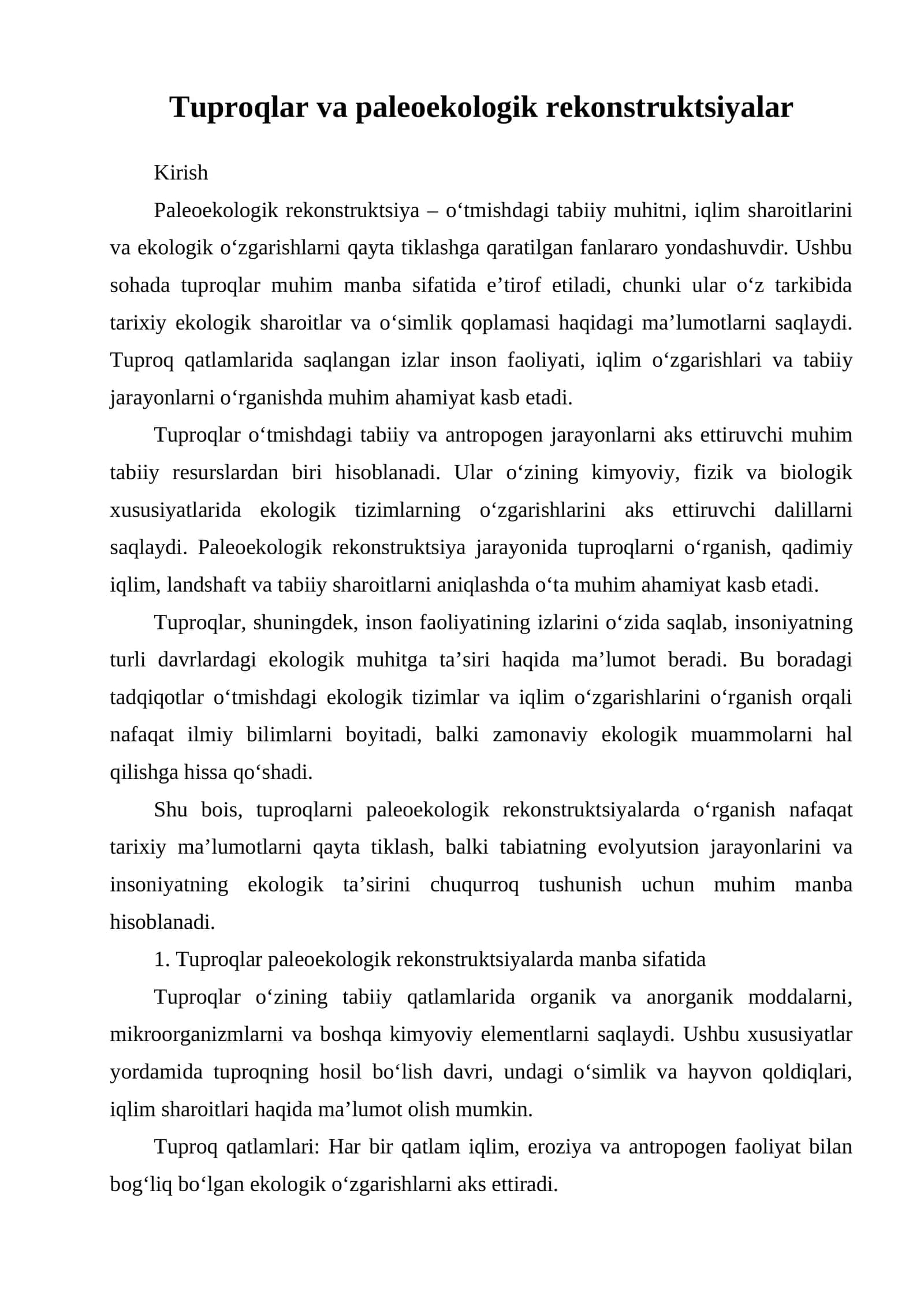 Tuproqlar va paleoekologik rekonstruktsiyalar 1