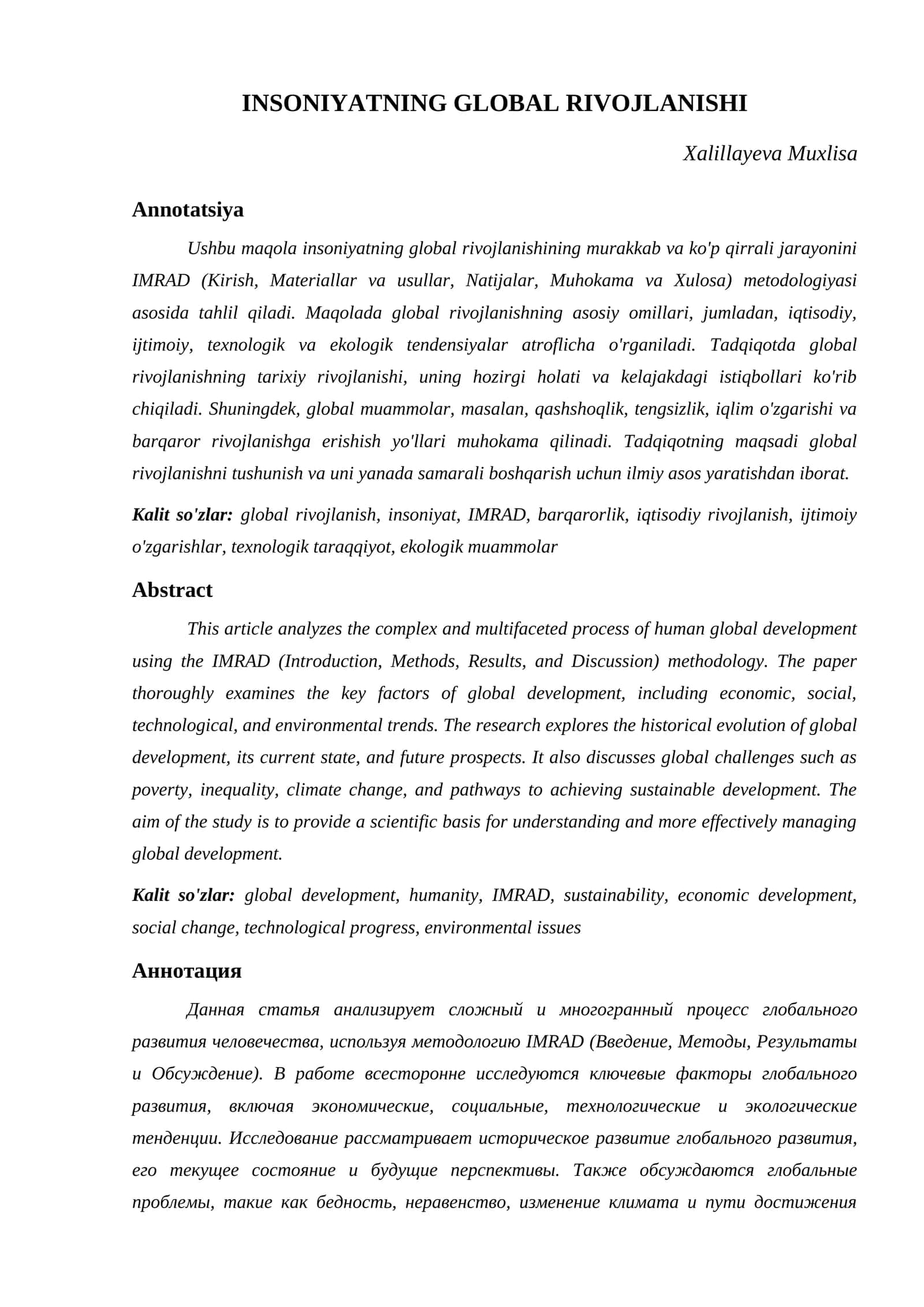 INSONIYATNING GLOBAL RIVOJLANISHI 1