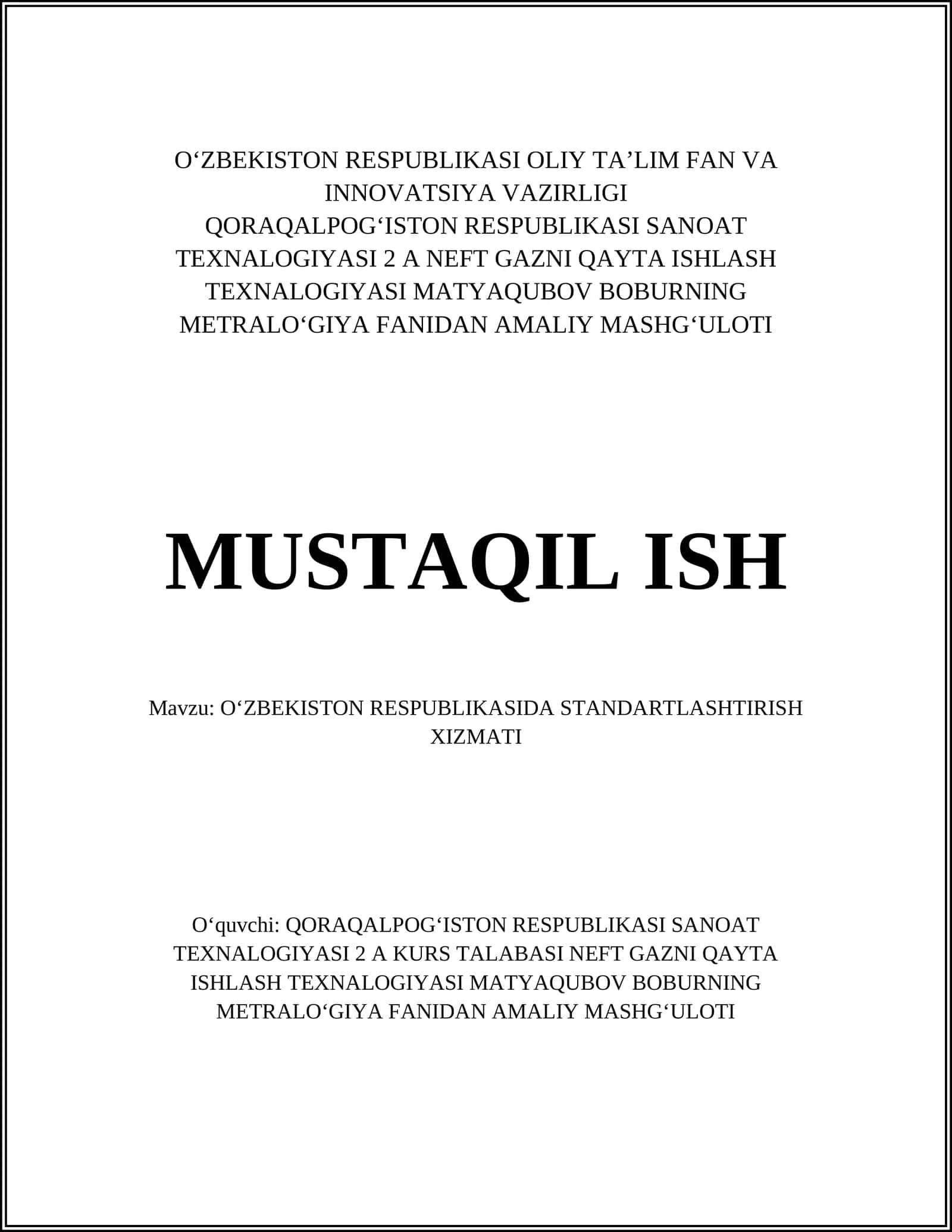 O‘ZBEKISTON RESPUBLIKASIDA STANDARTLASHTIRISH XIZMATI 1