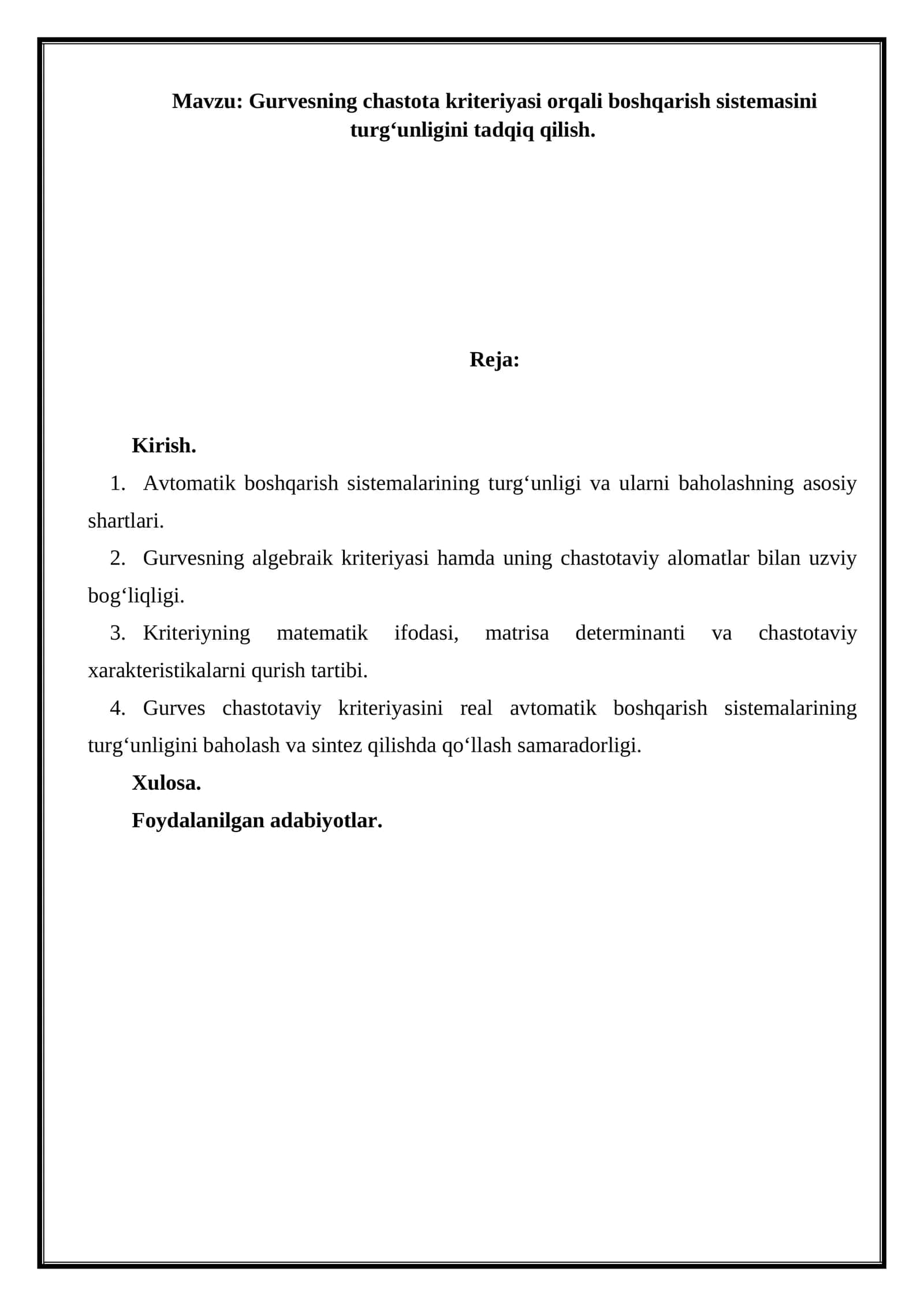 Gurvesning chastota kriteriyasi orqali boshqarish sistemasini turg‘unligini tadqiq qilish 1