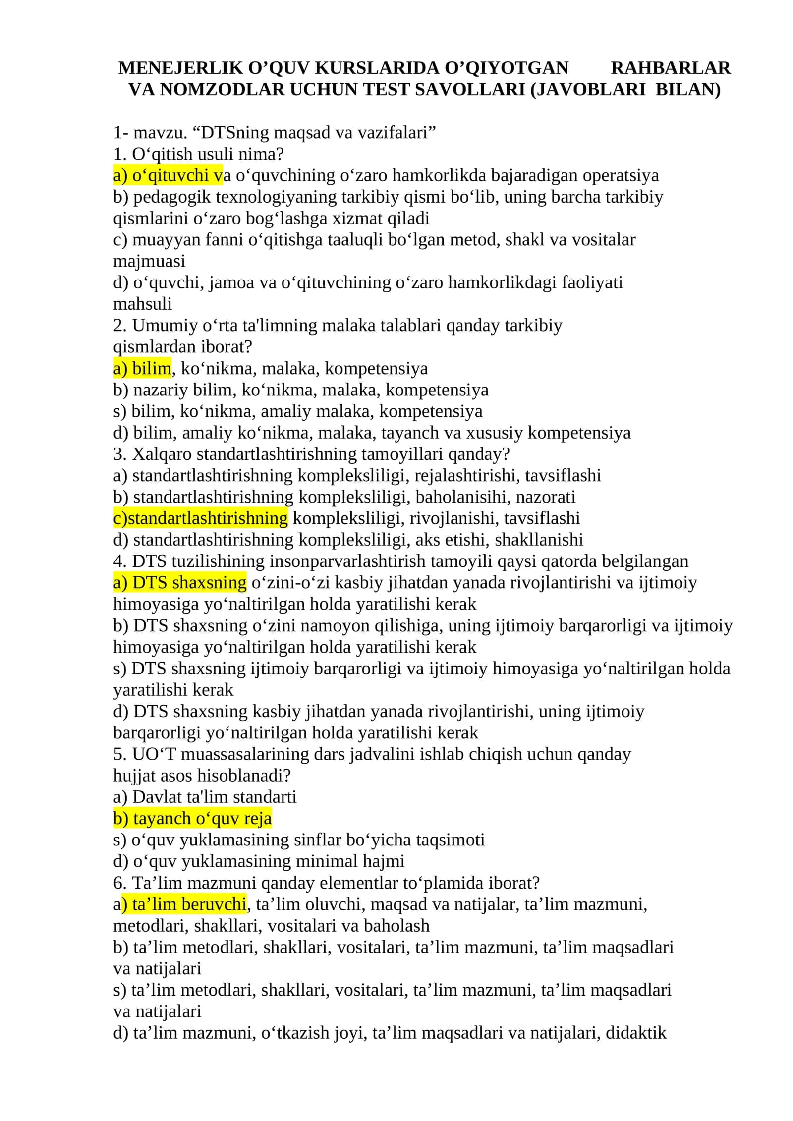 MENEJERLIK O’QUV KURSLARIDA O’QIYOTGAN  RAHBARLAR VA NOMZODLAR UCHUN TEST SAVOLLARI (JAVOBLARI  BILAN) 1