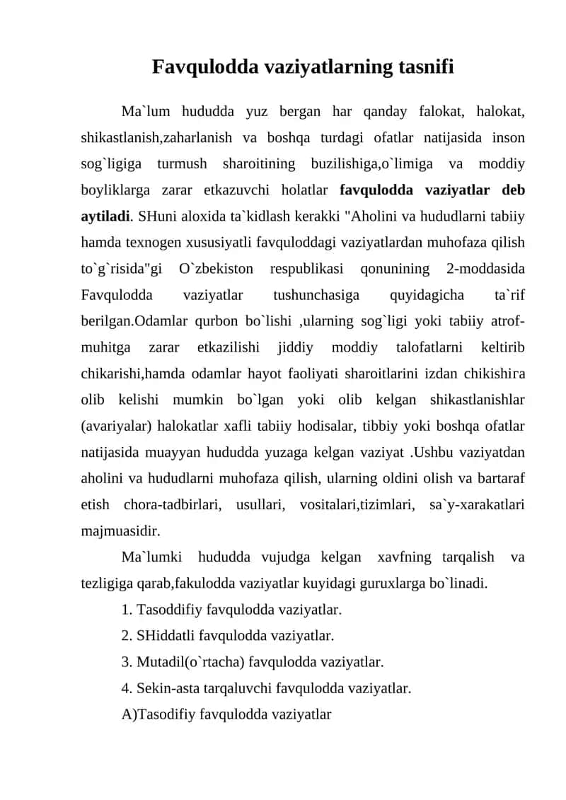 Favqulodda vaziyatlarning tasnifi 1
