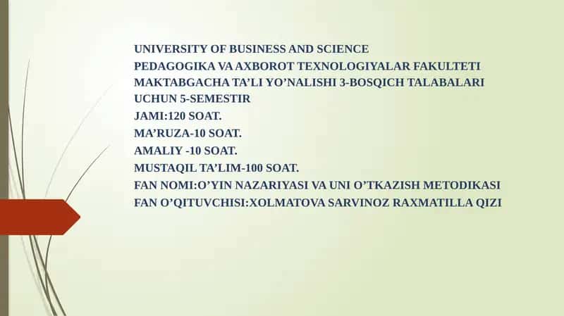 O’YIN NAZARIYASI VA UNI O’TKAZISH METODIKASI 1